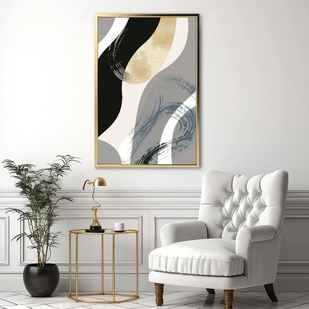Canvas Wall Art Stretched Over Wooden Frame with Floating Frame and Grey Waves Abstract Painting CV4184