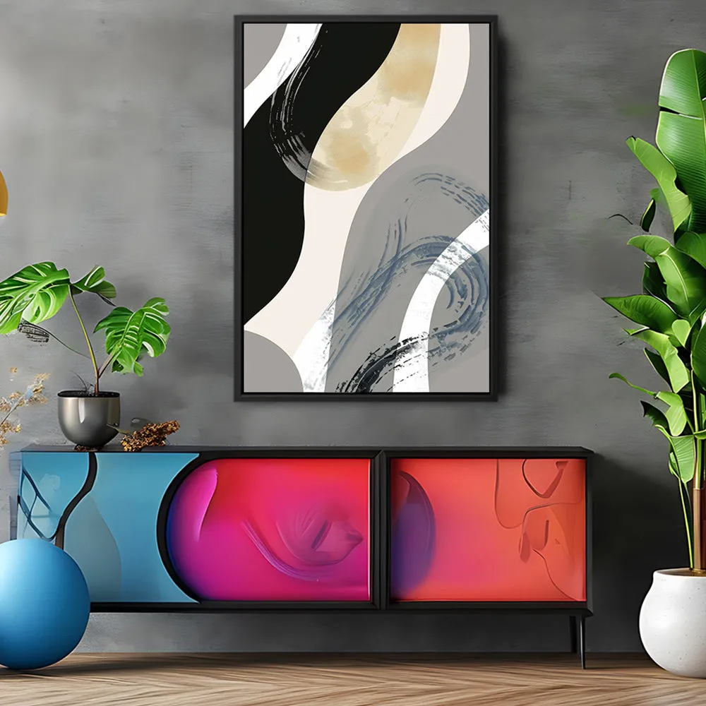 Canvas Wall Art Stretched Over Wooden Frame with Floating Frame and Grey Waves Abstract Painting CV4184