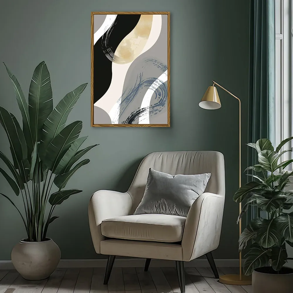 Canvas Wall Art Stretched Over Wooden Frame with Floating Frame and Grey Waves Abstract Painting CV4184
