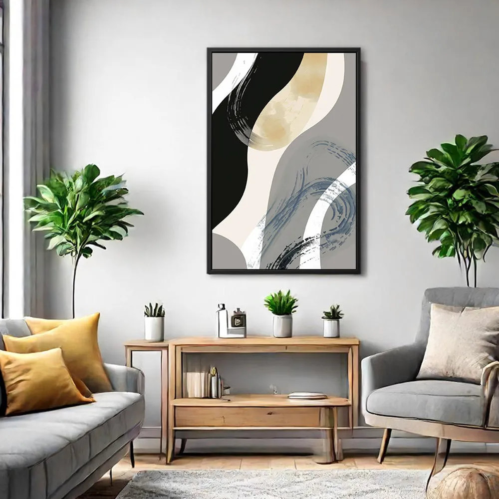 Canvas Wall Art Stretched Over Wooden Frame with Floating Frame and Grey Waves Abstract Painting CV4184