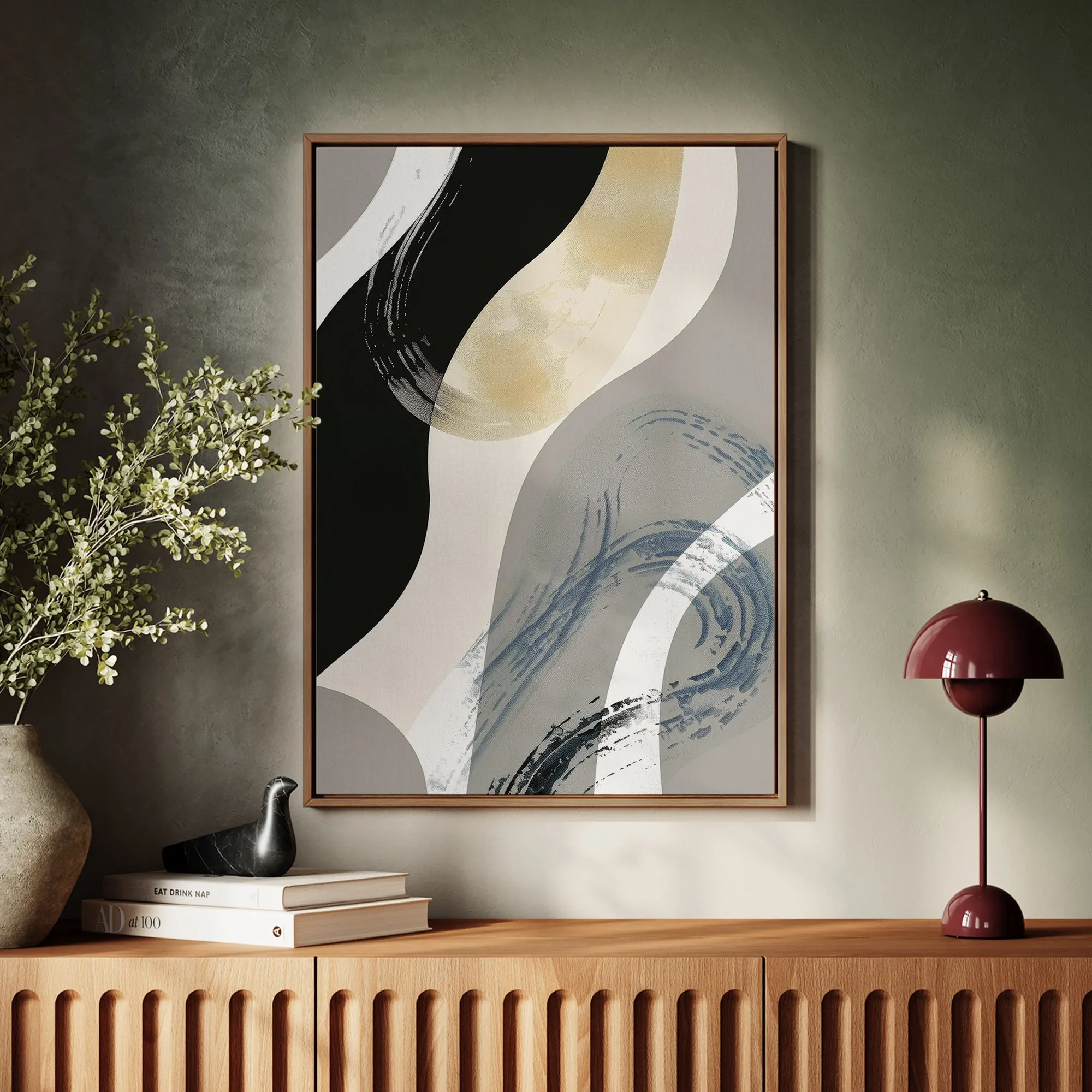 Canvas Wall Art Stretched Over Wooden Frame with Floating Frame and Grey Waves Abstract Painting CV4184