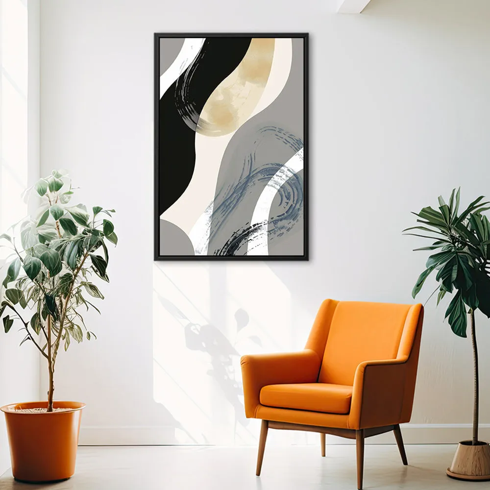 Canvas Wall Art Stretched Over Wooden Frame with Floating Frame and Grey Waves Abstract Painting CV4184