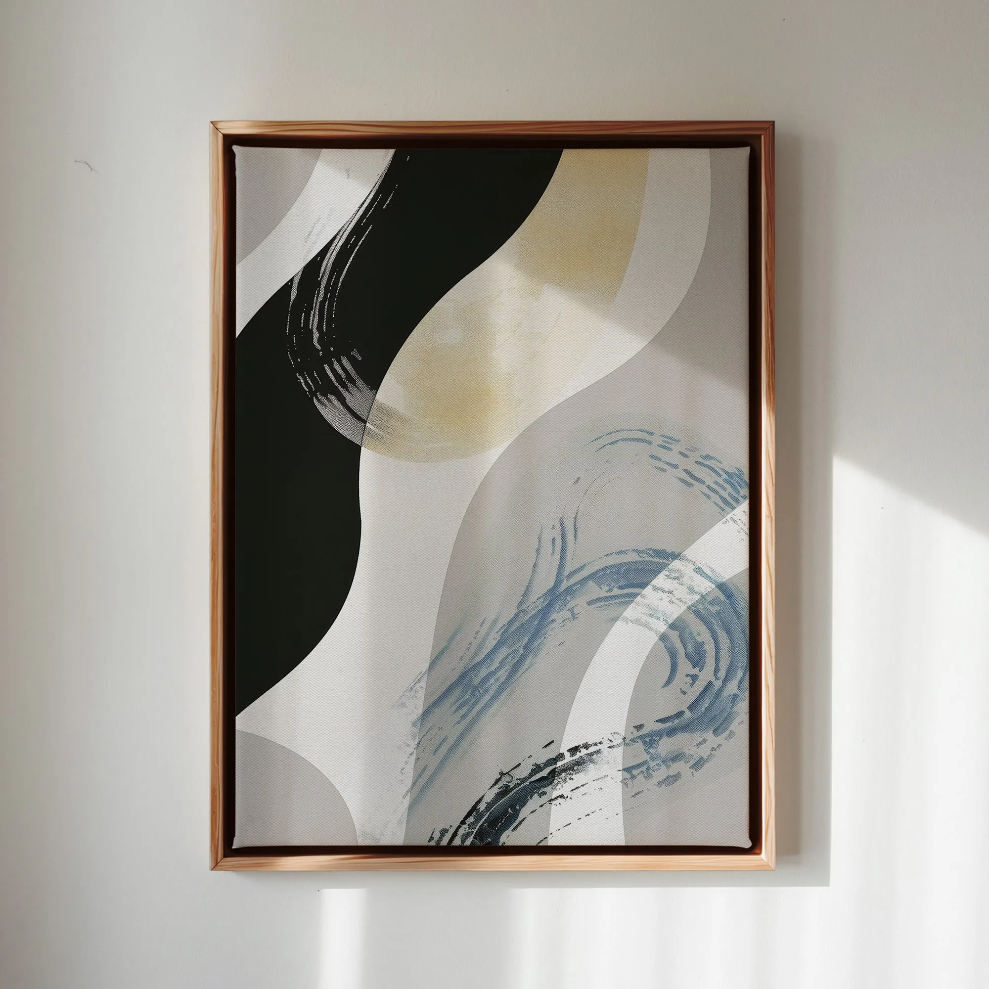 Canvas Wall Art Stretched Over Wooden Frame with Floating Frame and Grey Waves Abstract Painting CV4184