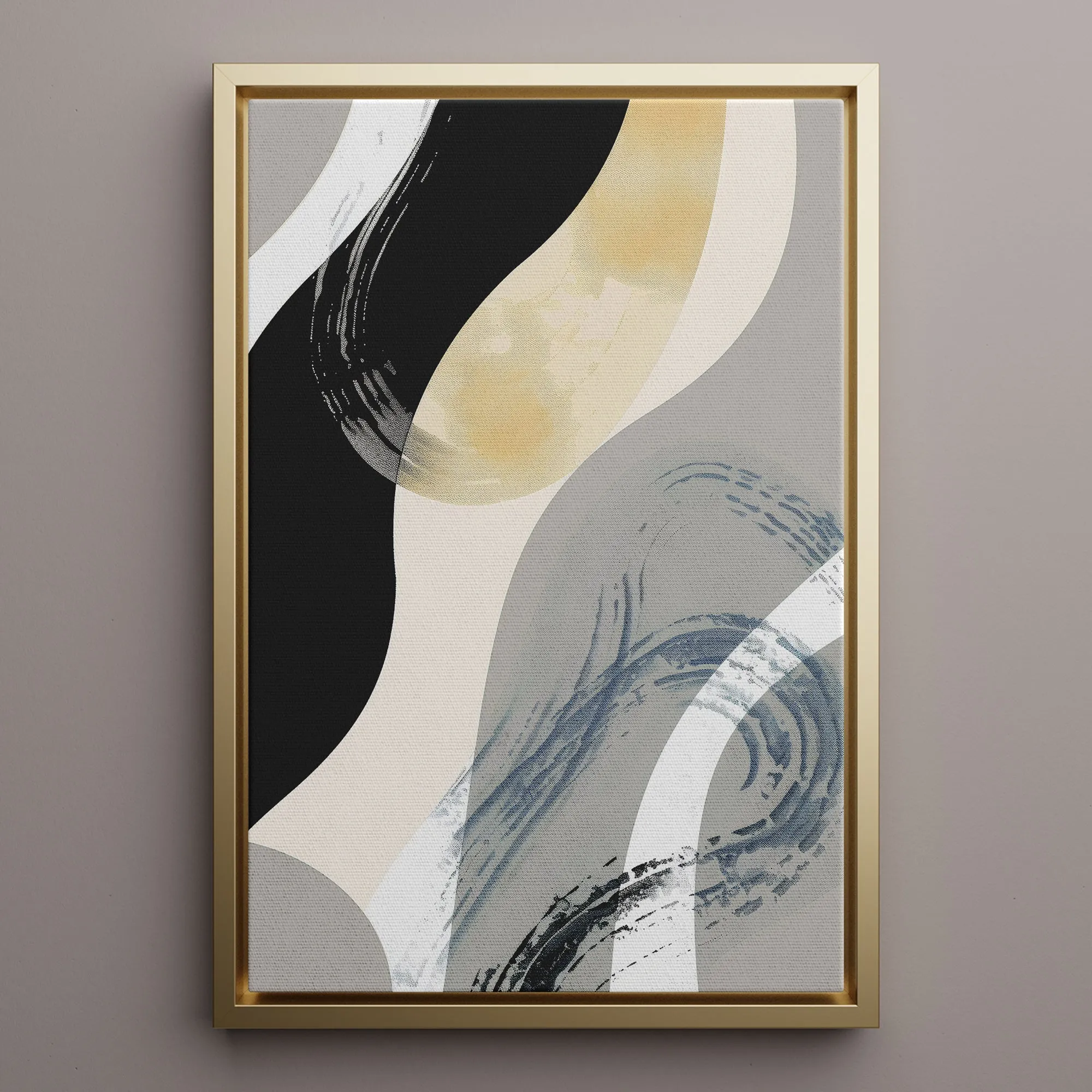 Canvas Wall Art Stretched Over Wooden Frame with Floating Frame and Grey Waves Abstract Painting CV4184