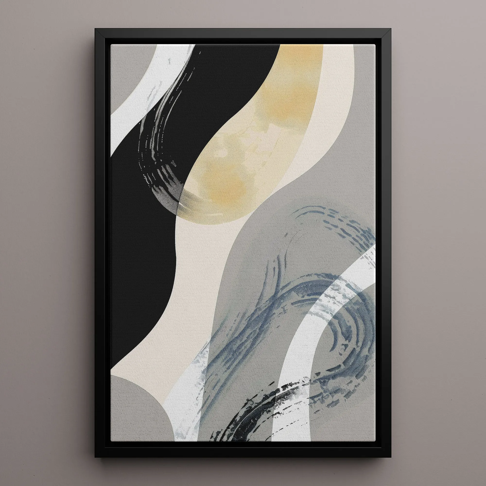 Canvas Wall Art Stretched Over Wooden Frame with Floating Frame and Grey Waves Abstract Painting CV4184