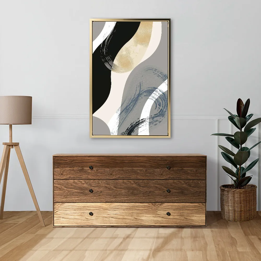 Canvas Wall Art Stretched Over Wooden Frame with Floating Frame and Grey Waves Abstract Painting CV4184