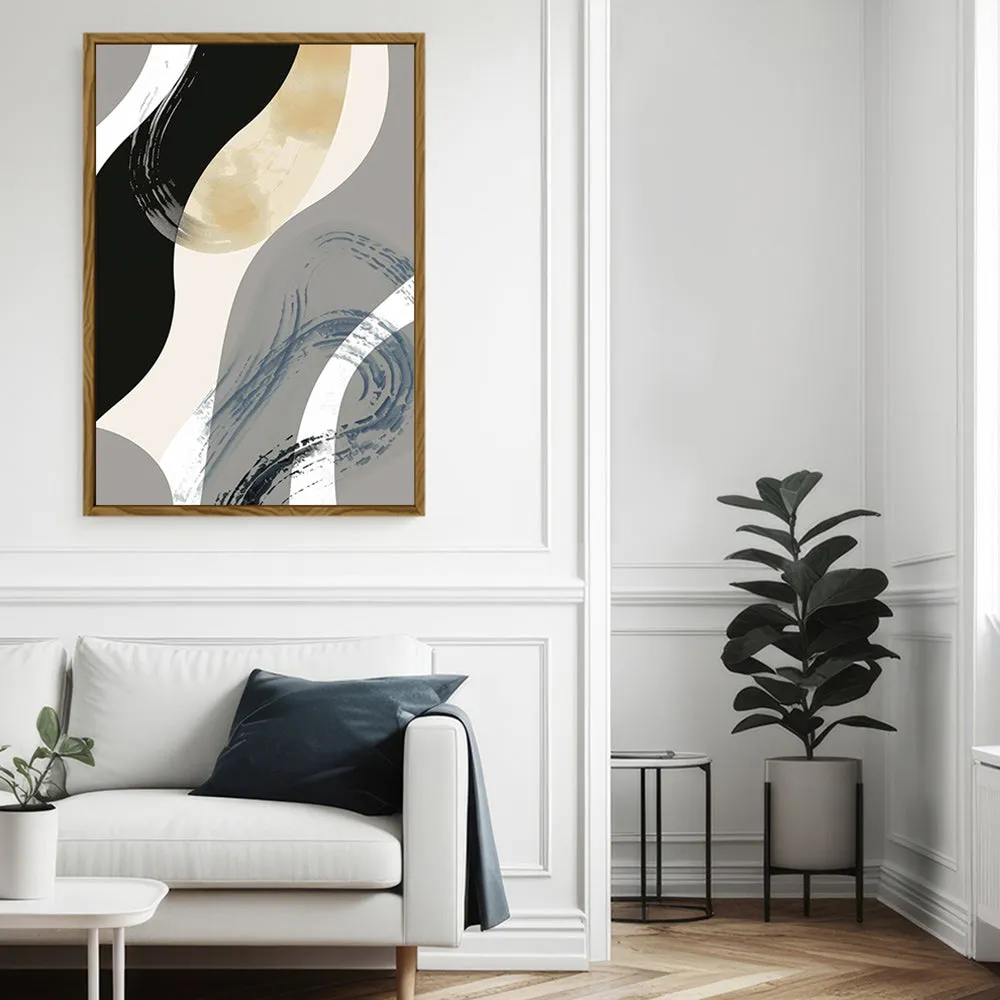 Canvas Wall Art Stretched Over Wooden Frame with Floating Frame and Grey Waves Abstract Painting CV4184