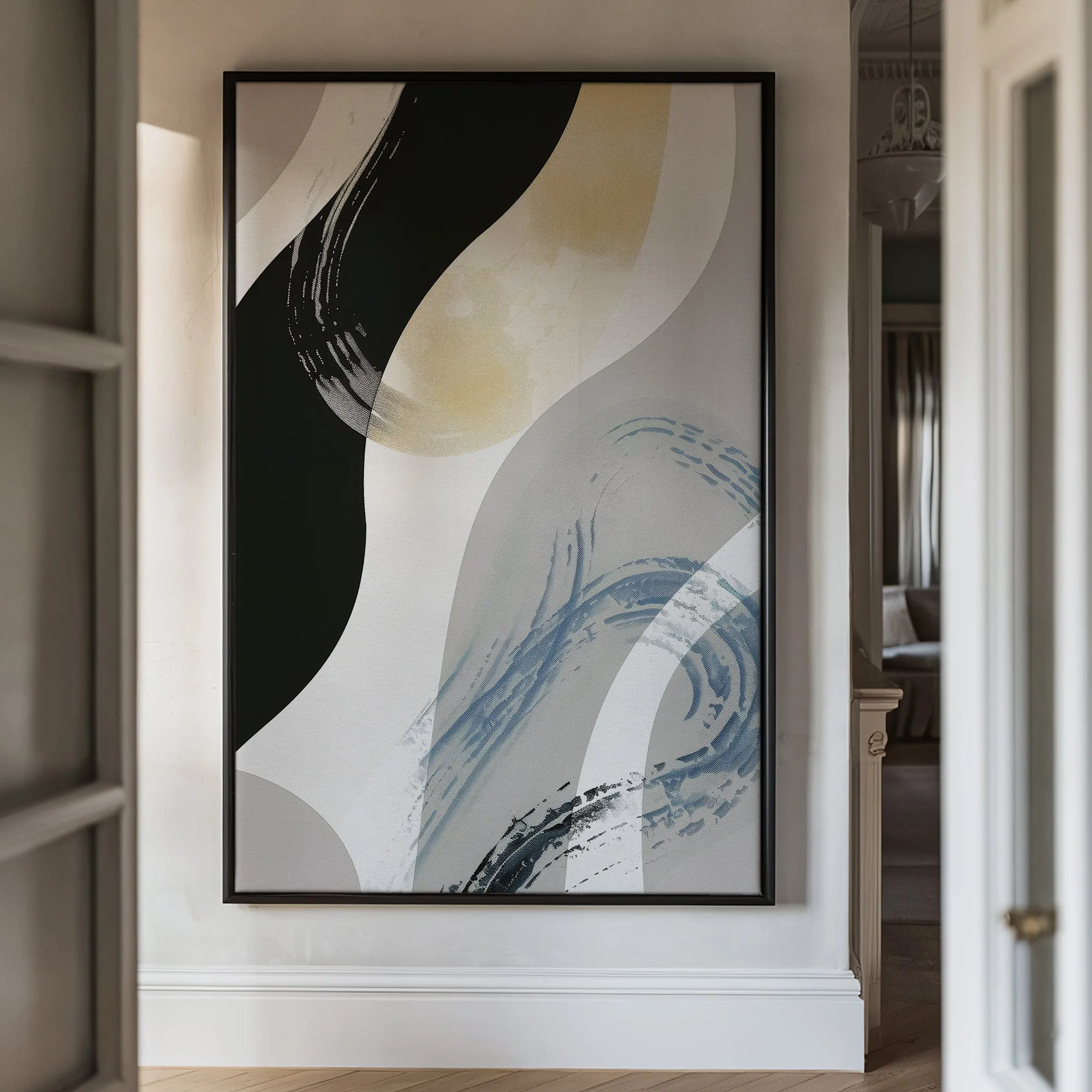 Canvas Wall Art Stretched Over Wooden Frame with Floating Frame and Grey Waves Abstract Painting CV4184