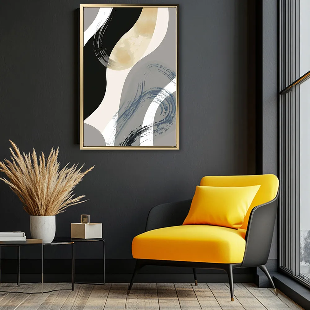 Canvas Wall Art Stretched Over Wooden Frame with Floating Frame and Grey Waves Abstract Painting CV4184