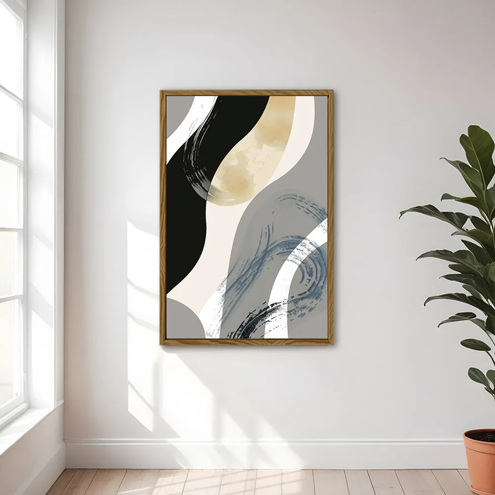 Canvas Wall Art Stretched Over Wooden Frame with Floating Frame and Grey Waves Abstract Painting CV4184