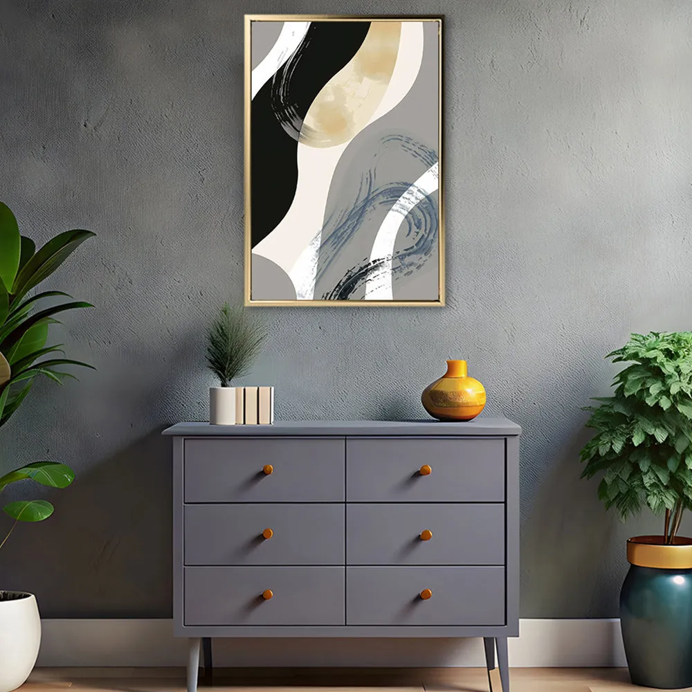 Canvas Wall Art Stretched Over Wooden Frame with Floating Frame and Grey Waves Abstract Painting CV4184
