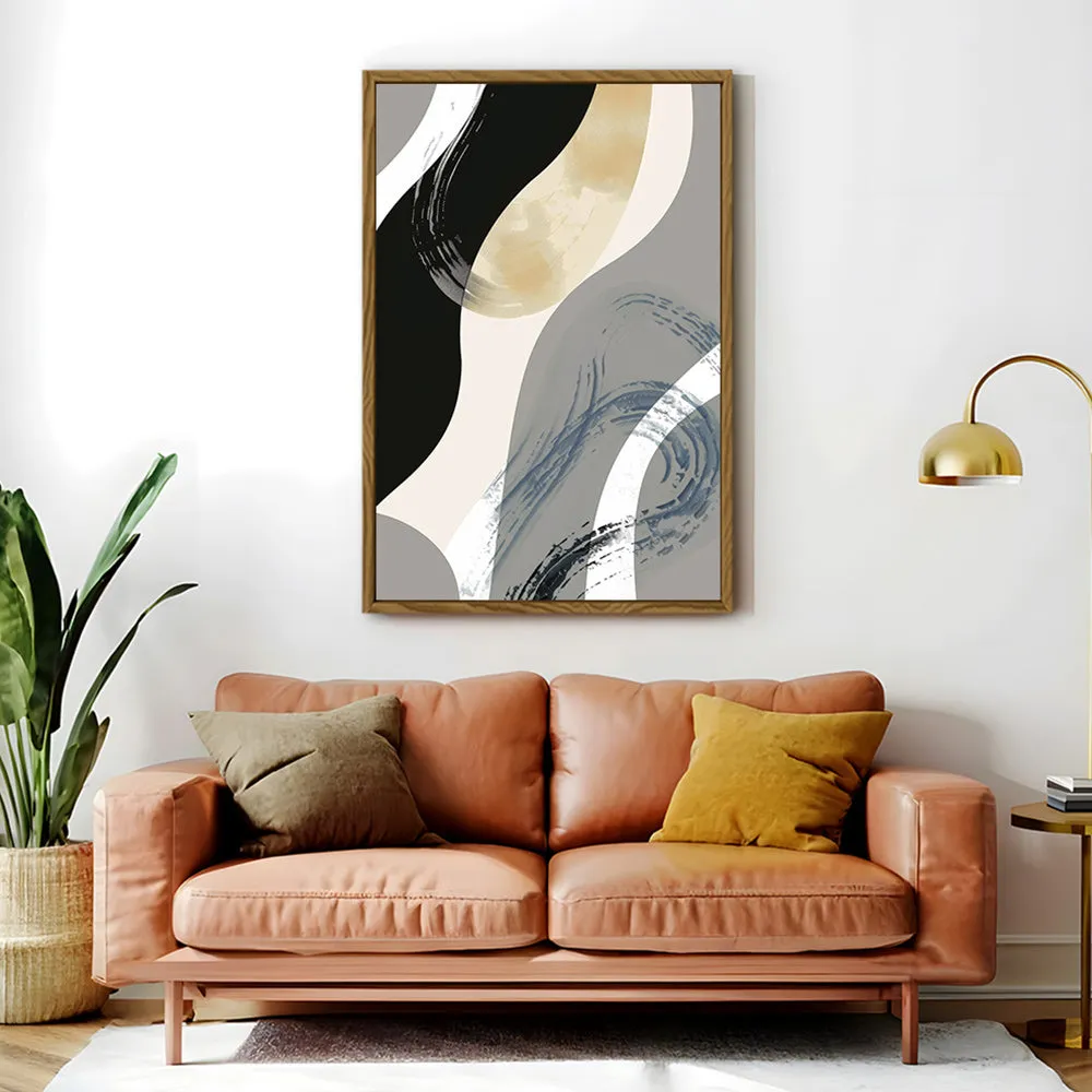 Canvas Wall Art Stretched Over Wooden Frame with Floating Frame and Grey Waves Abstract Painting CV4184