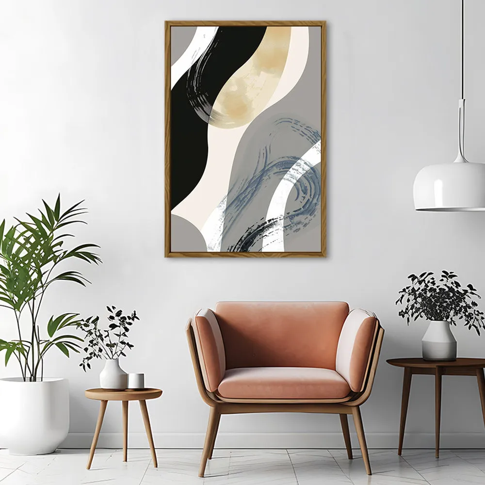 Canvas Wall Art Stretched Over Wooden Frame with Floating Frame and Grey Waves Abstract Painting CV4184