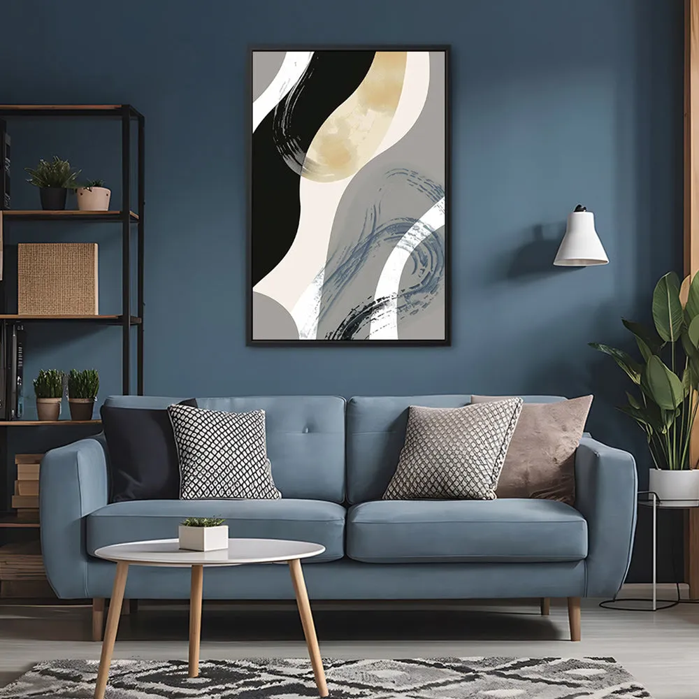 Canvas Wall Art Stretched Over Wooden Frame with Floating Frame and Grey Waves Abstract Painting CV4184