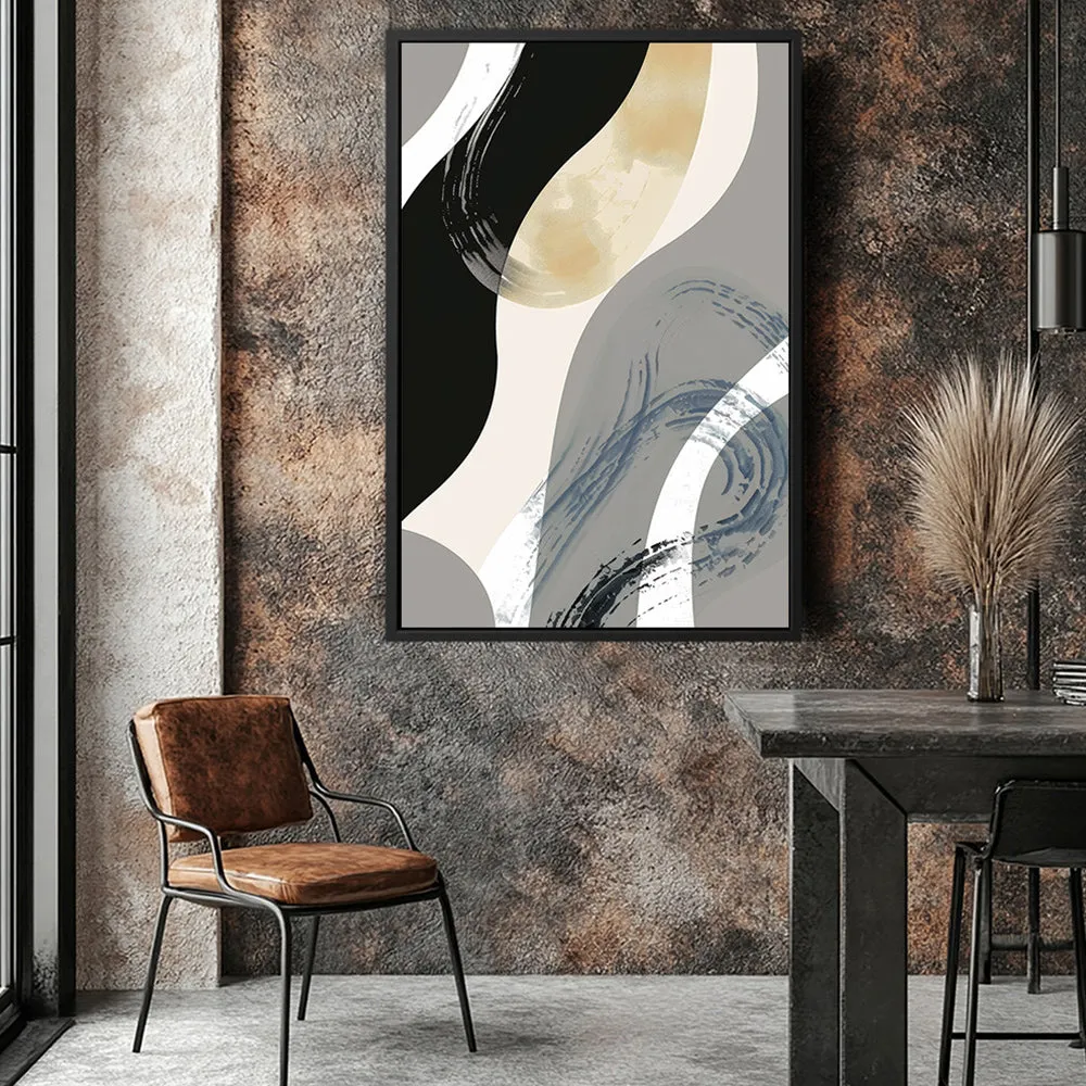 Canvas Wall Art Stretched Over Wooden Frame with Floating Frame and Grey Waves Abstract Painting CV4184