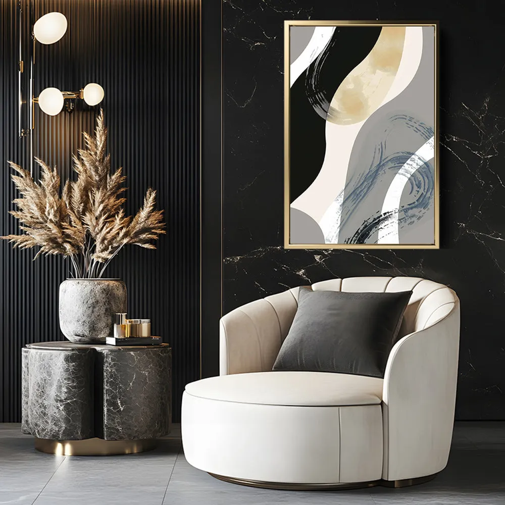 Canvas Wall Art Stretched Over Wooden Frame with Floating Frame and Grey Waves Abstract Painting CV4184