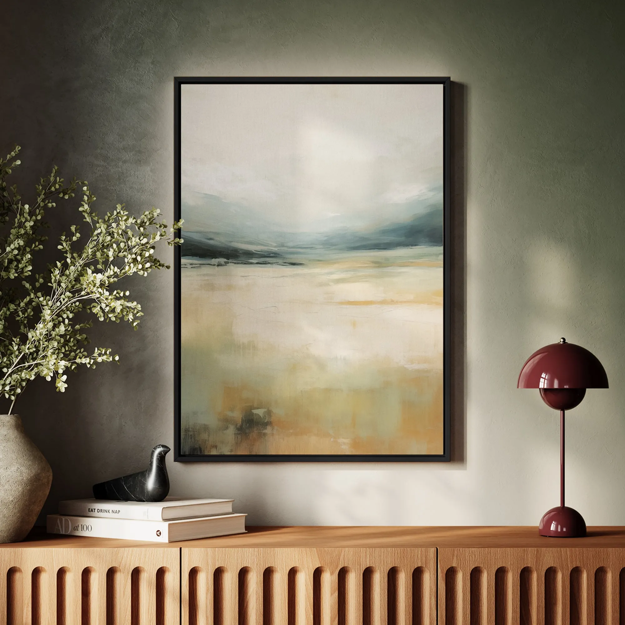 Canvas Wall Art Stretched Over Wooden Frame with Floating Frame and Lake Abstract Painting CV4191