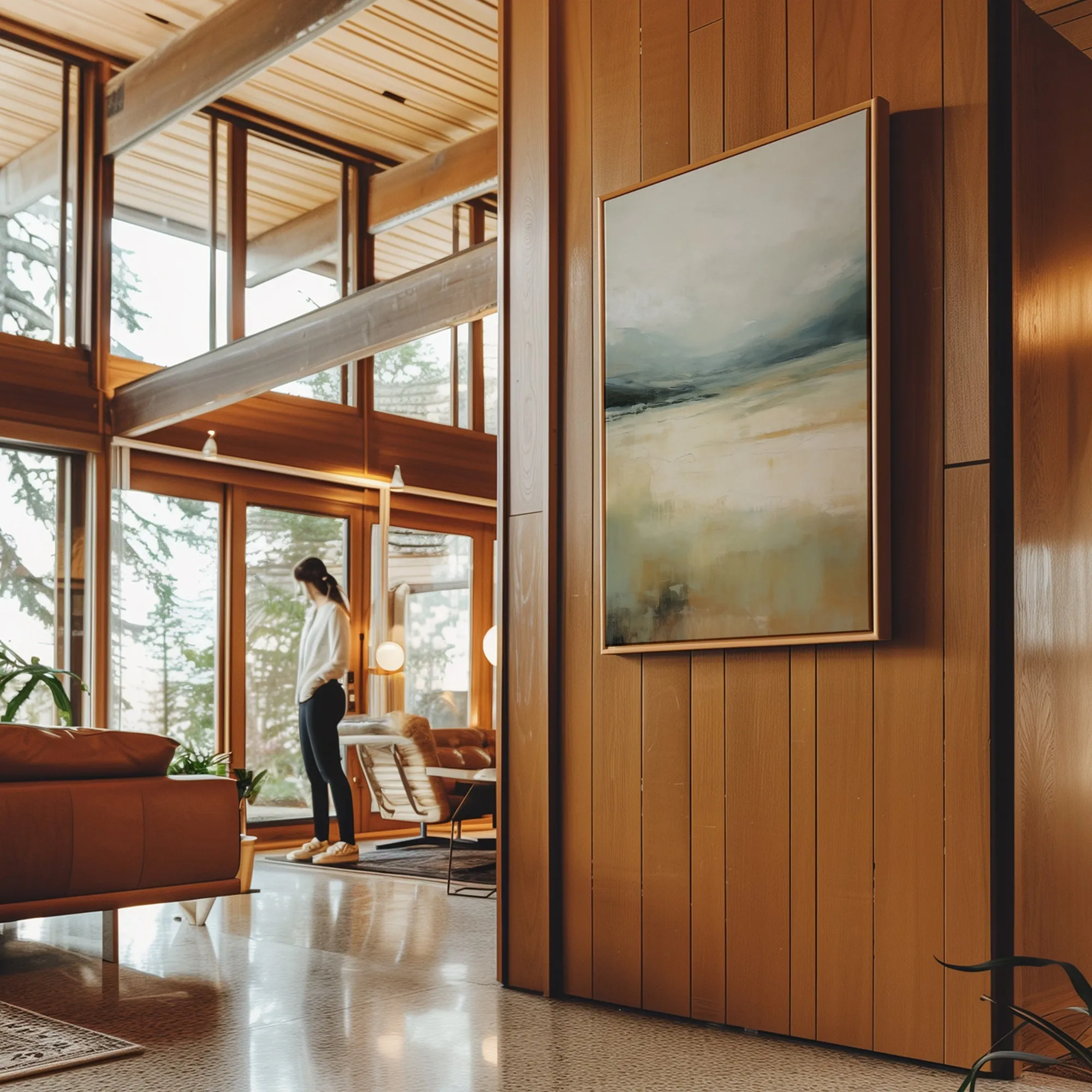 Canvas Wall Art Stretched Over Wooden Frame with Floating Frame and Lake Abstract Painting CV4191