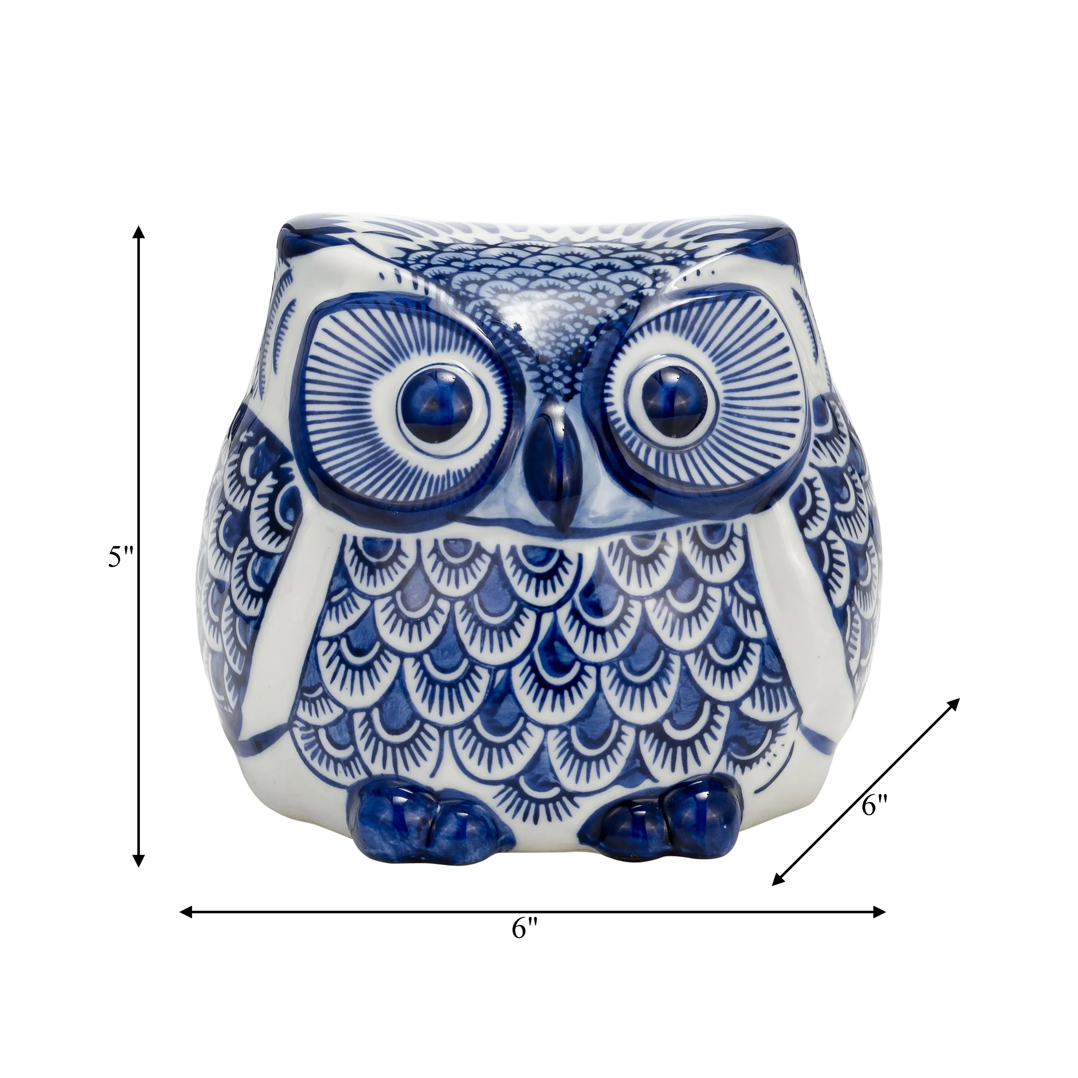 CER, 5"H CHINOISERIE OWL, BLUE/WHITE