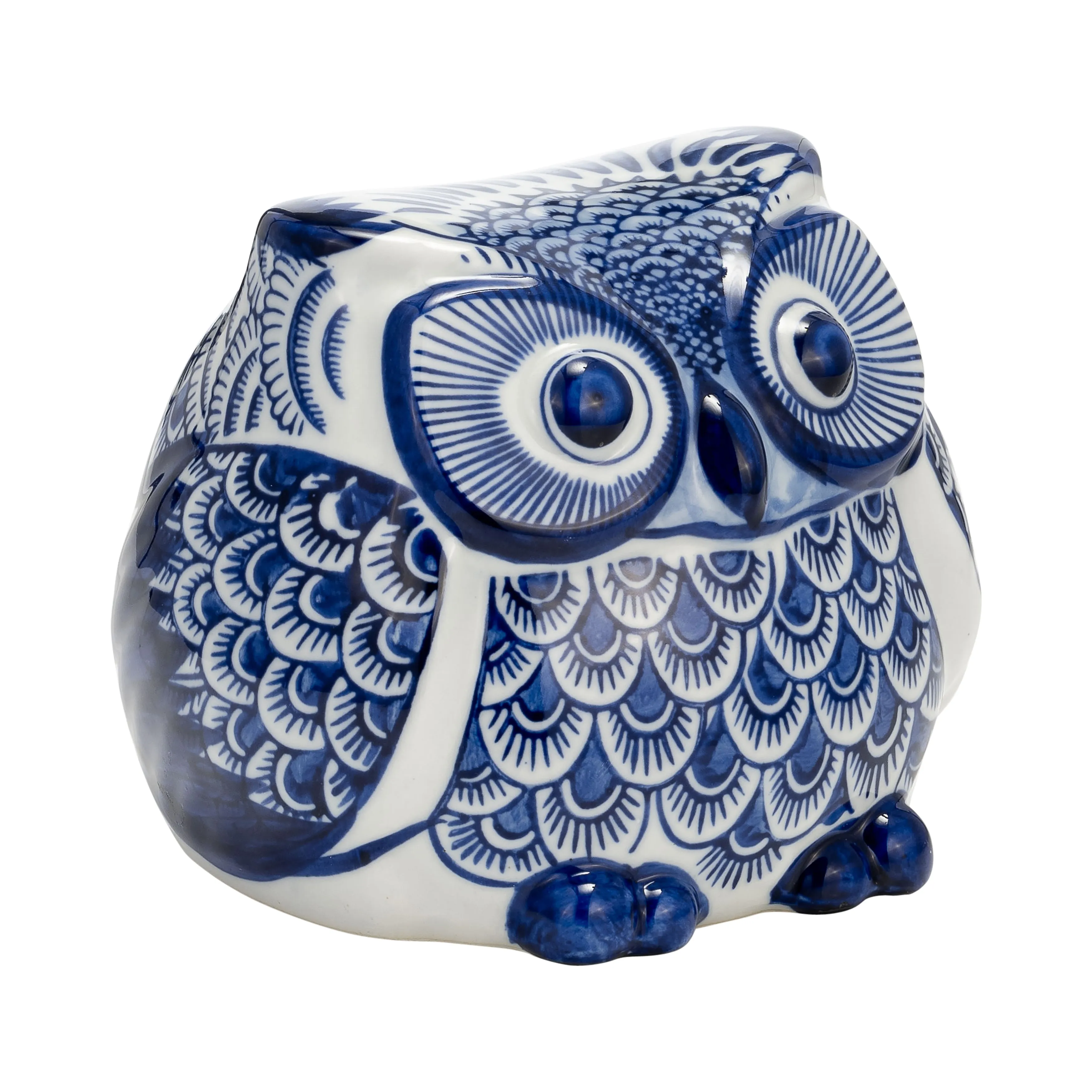 CER, 5"H CHINOISERIE OWL, BLUE/WHITE