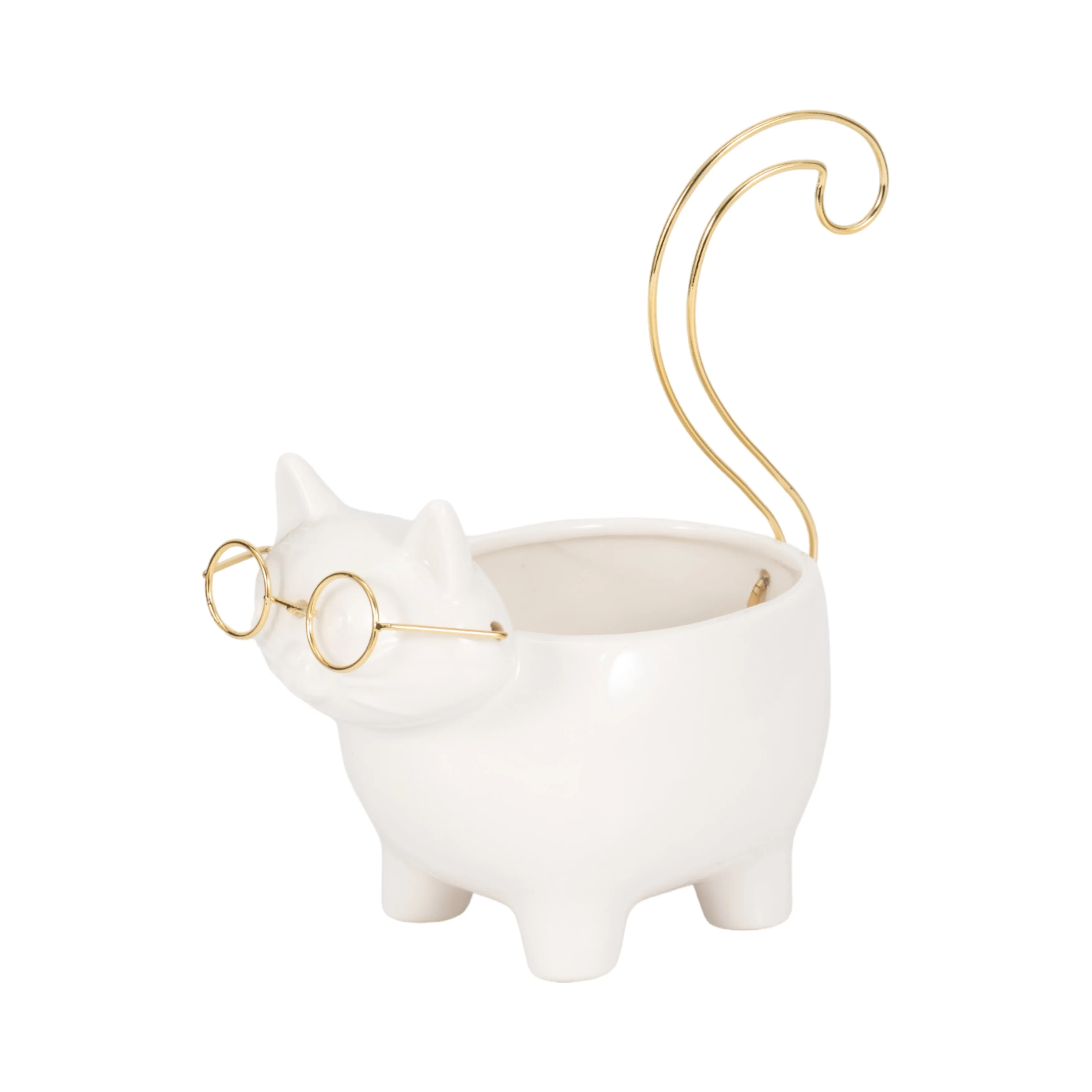 CER, 9" KITTY TRINKET DISH, WHITE/GOLD