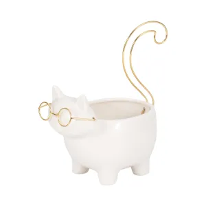 CER, 9" KITTY TRINKET DISH, WHITE/GOLD