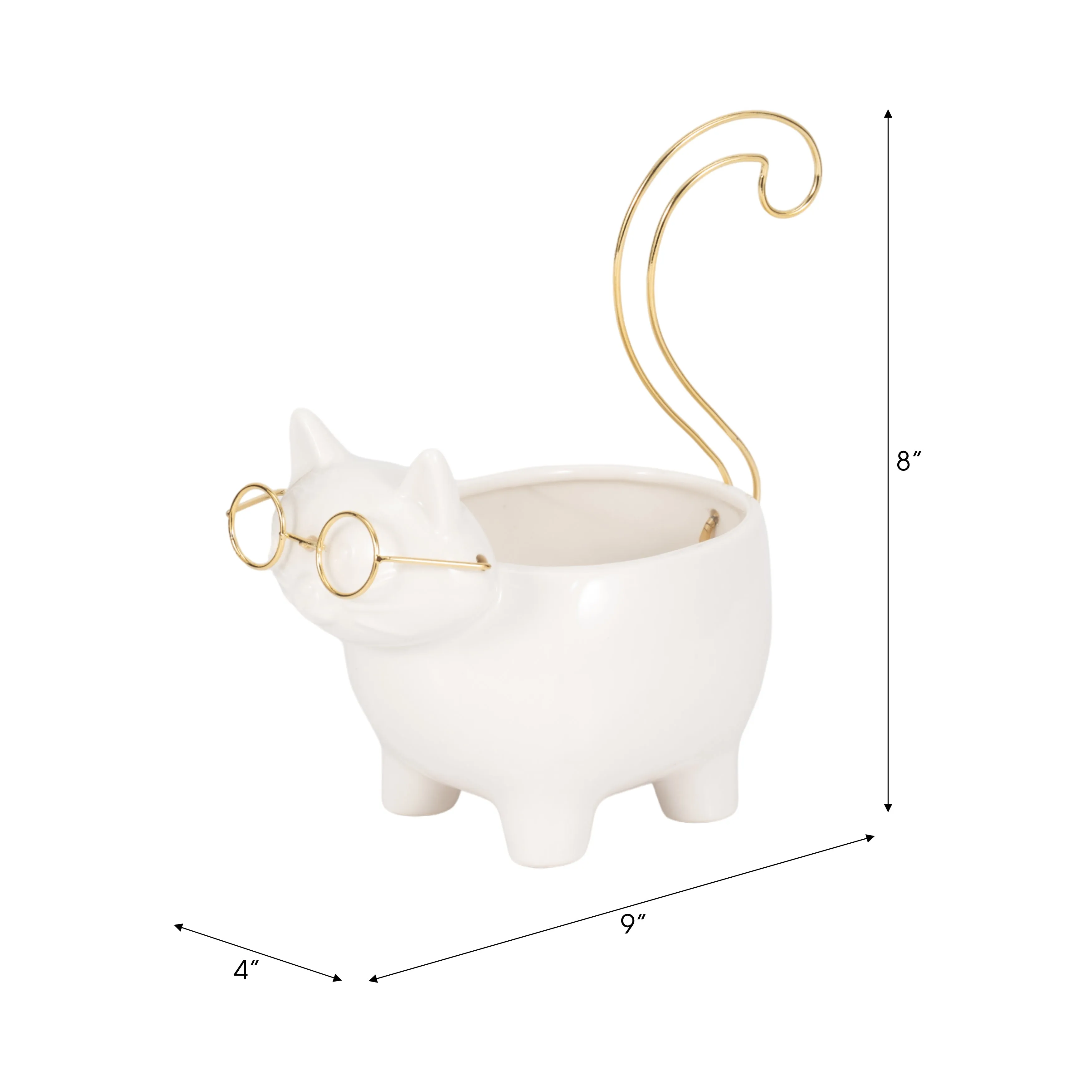 CER, 9" KITTY TRINKET DISH, WHITE/GOLD