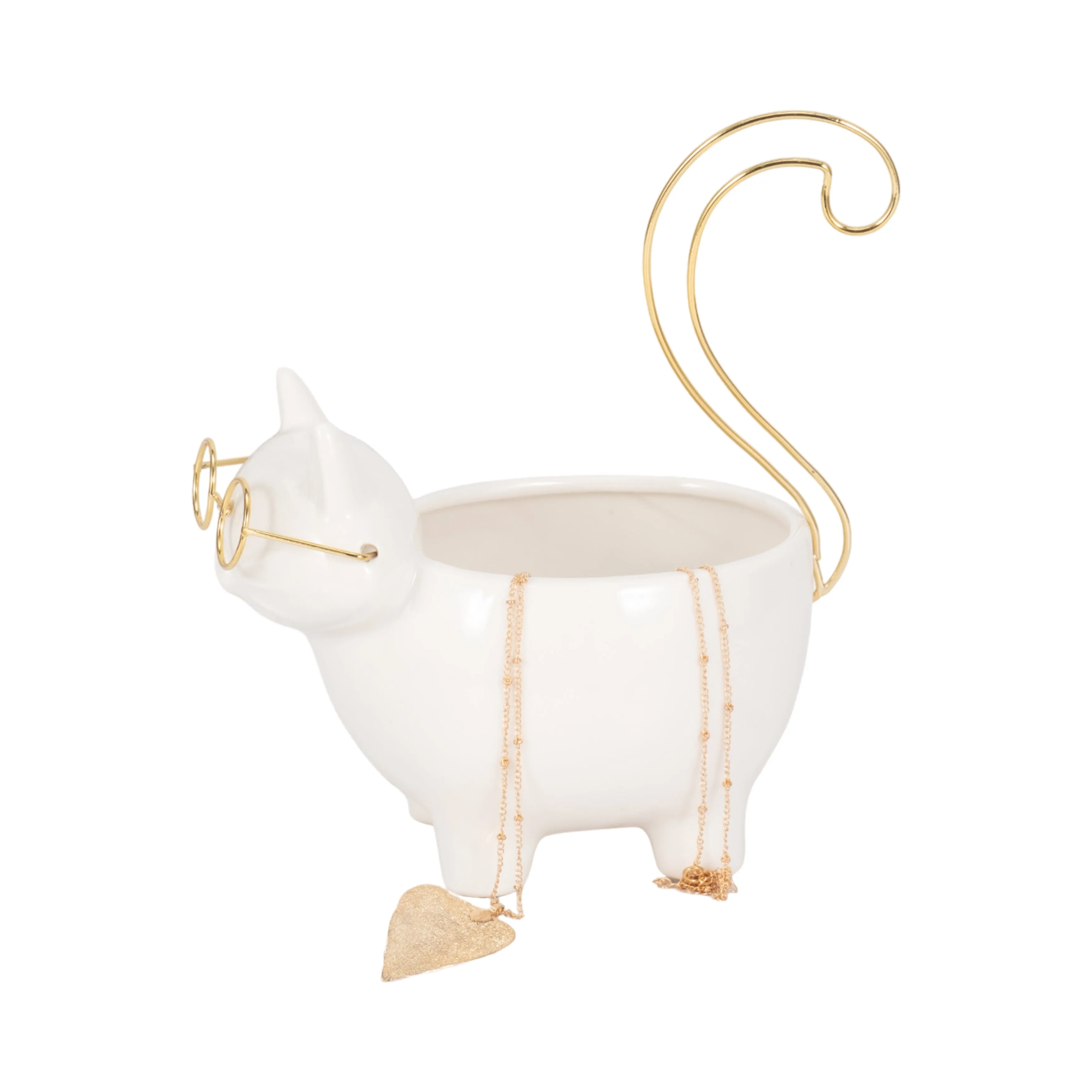 CER, 9" KITTY TRINKET DISH, WHITE/GOLD