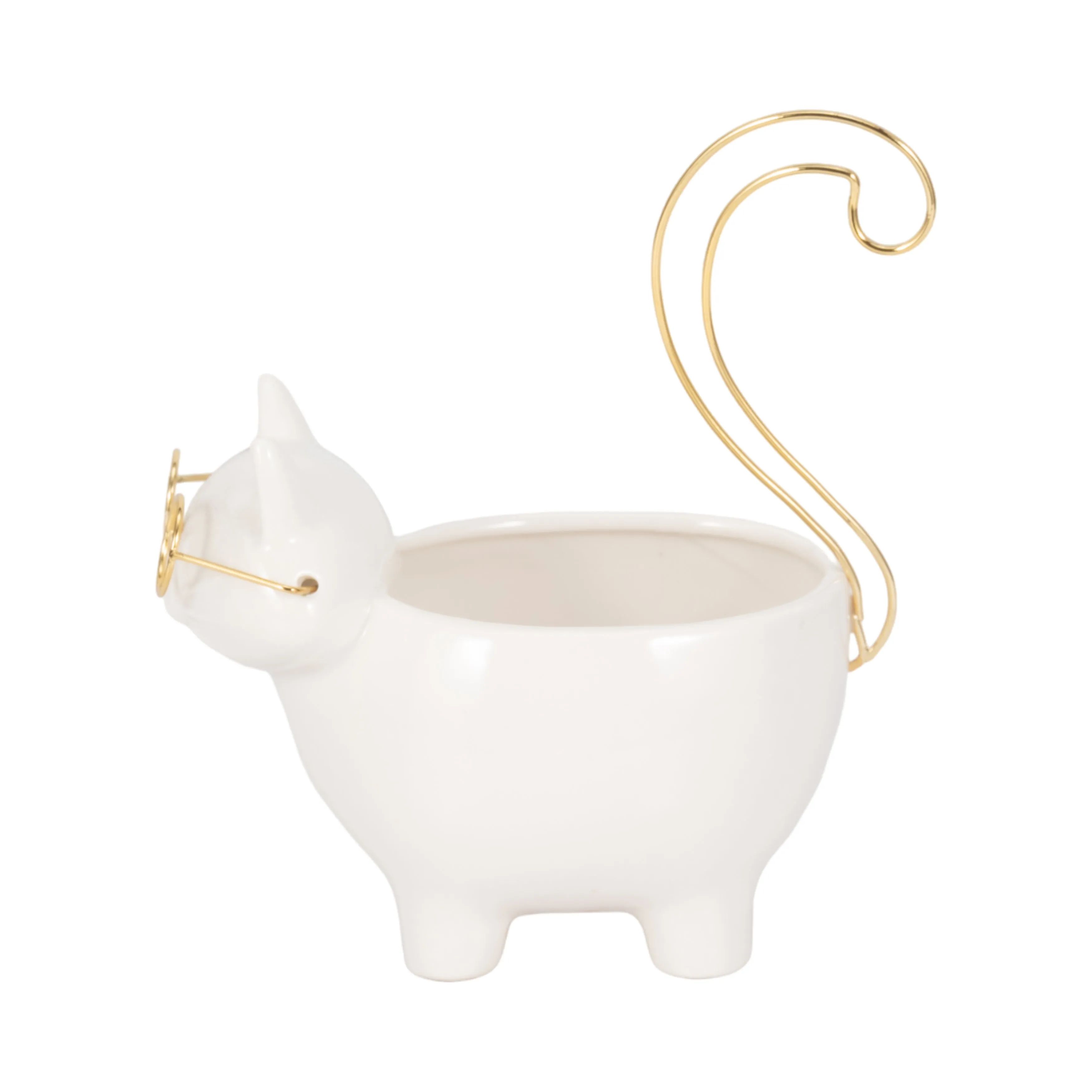CER, 9" KITTY TRINKET DISH, WHITE/GOLD