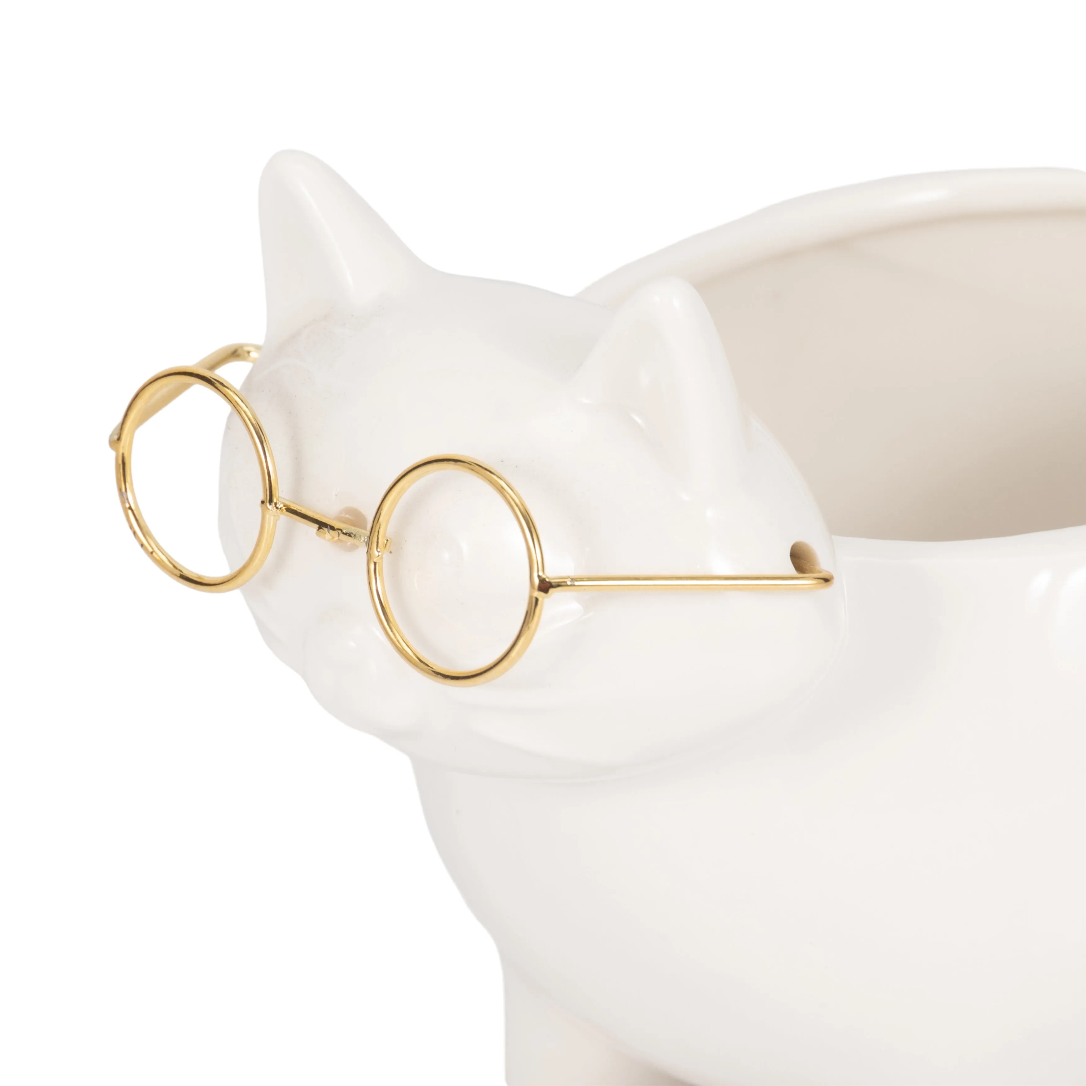 CER, 9" KITTY TRINKET DISH, WHITE/GOLD