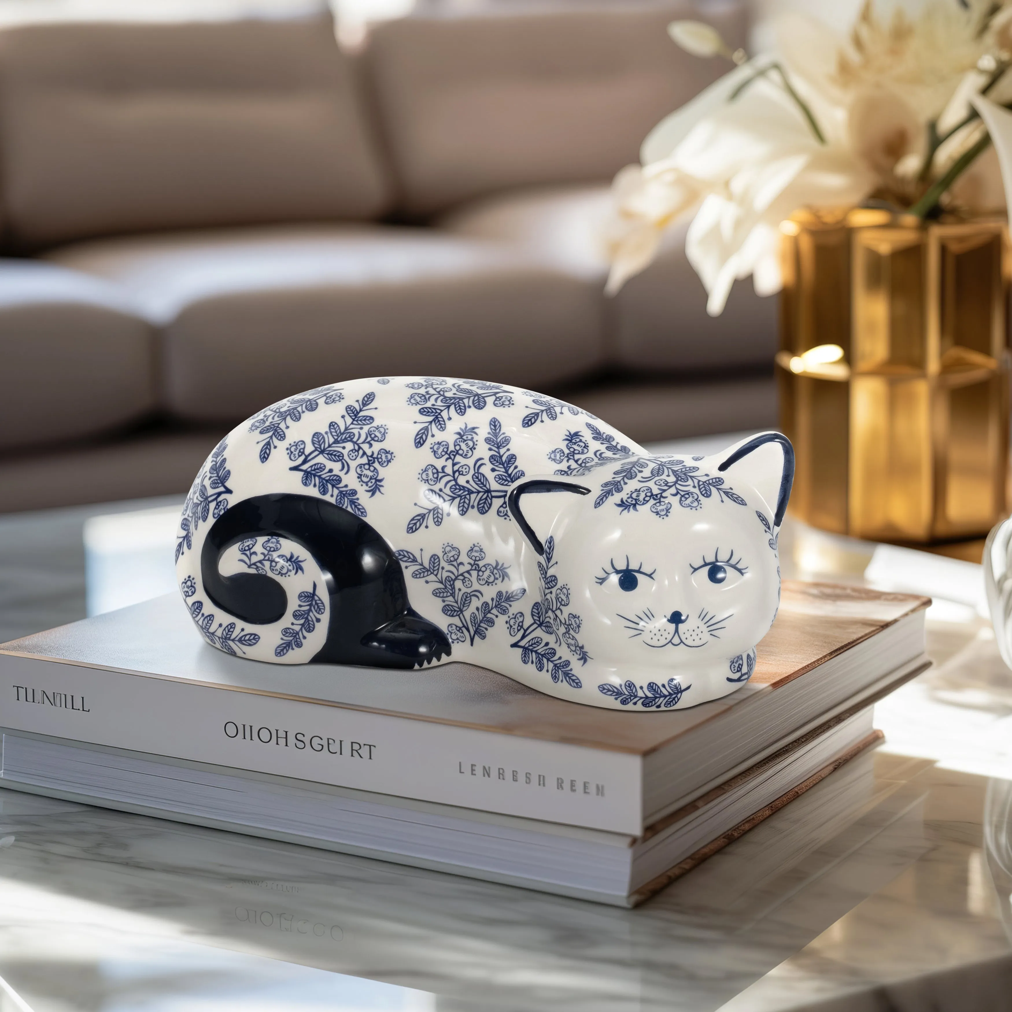 CER, 9" SLEEPING CHINOISERIE CAT, BLUE/WHITE