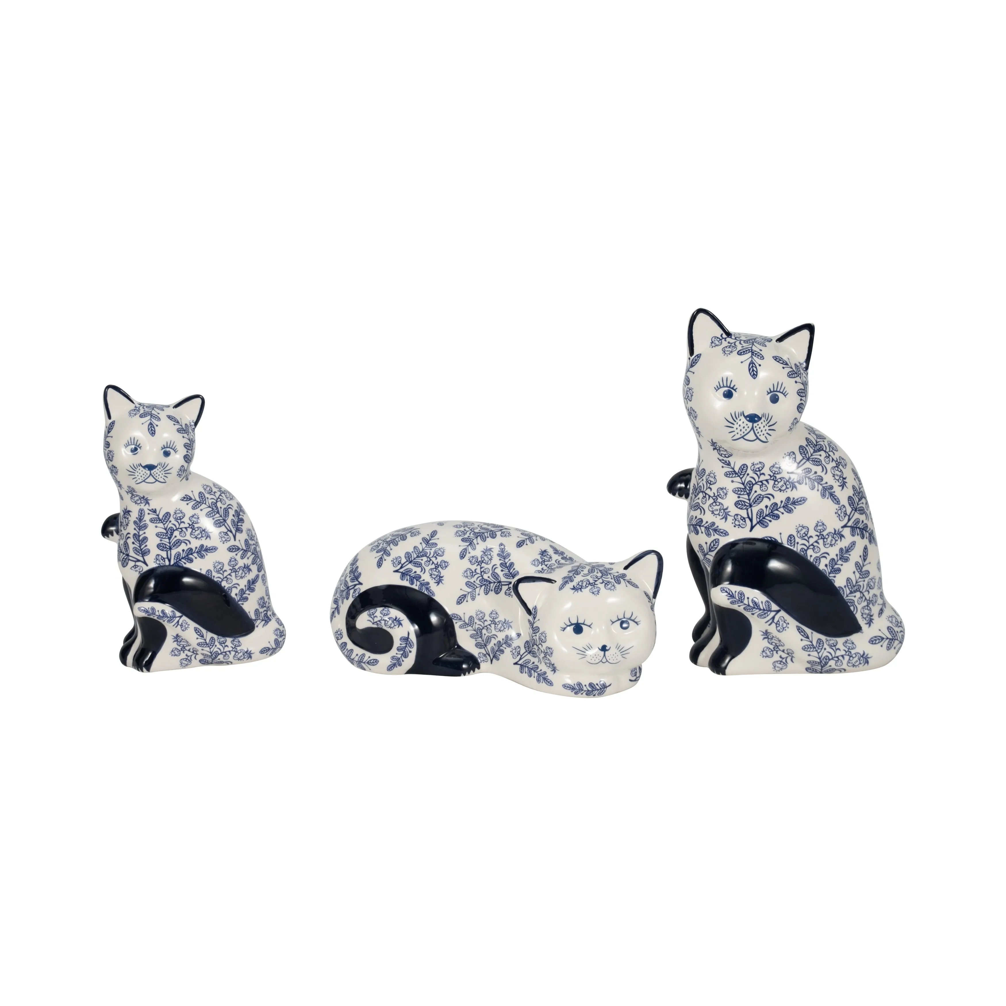CER, 9" SLEEPING CHINOISERIE CAT, BLUE/WHITE