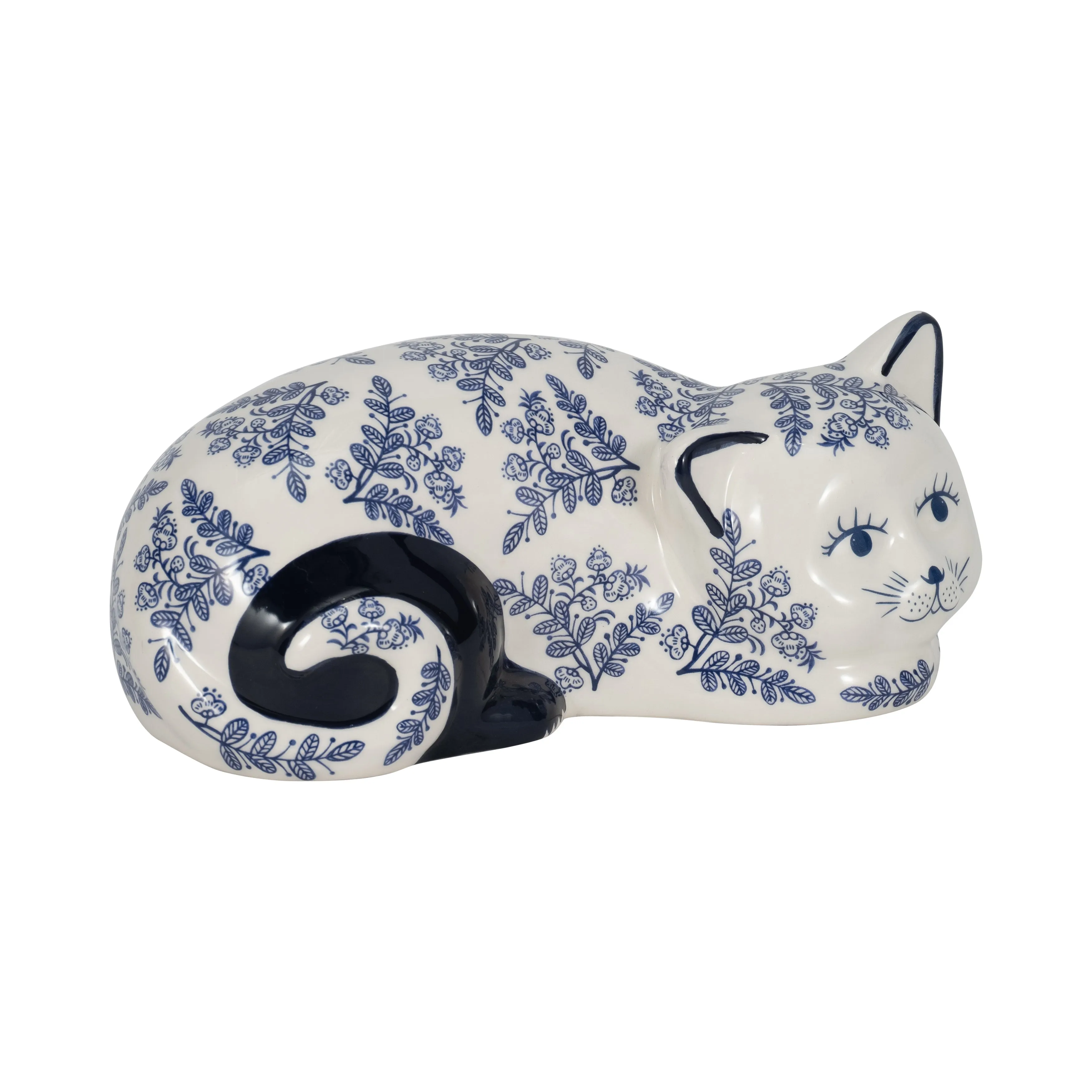 CER, 9" SLEEPING CHINOISERIE CAT, BLUE/WHITE