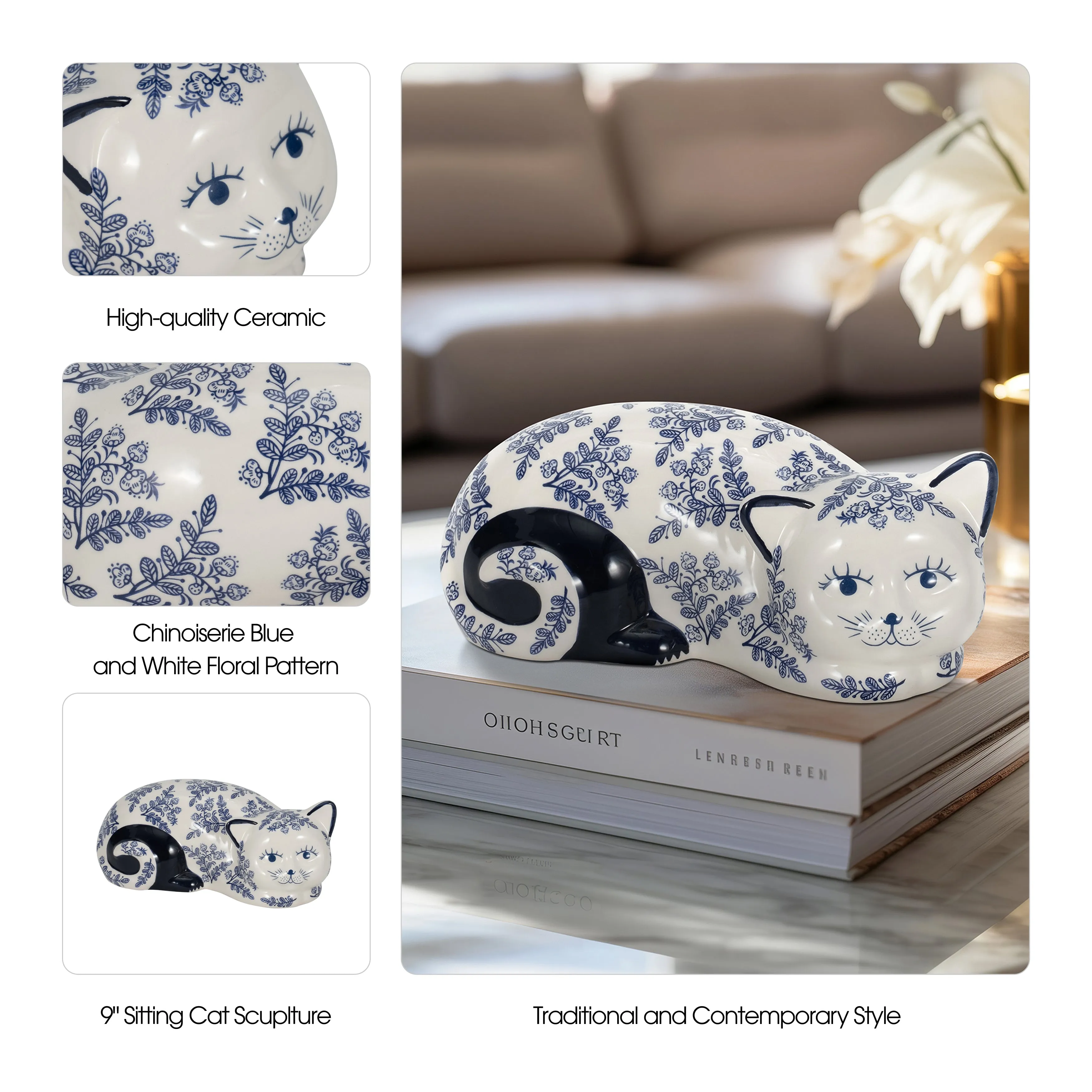 CER, 9" SLEEPING CHINOISERIE CAT, BLUE/WHITE
