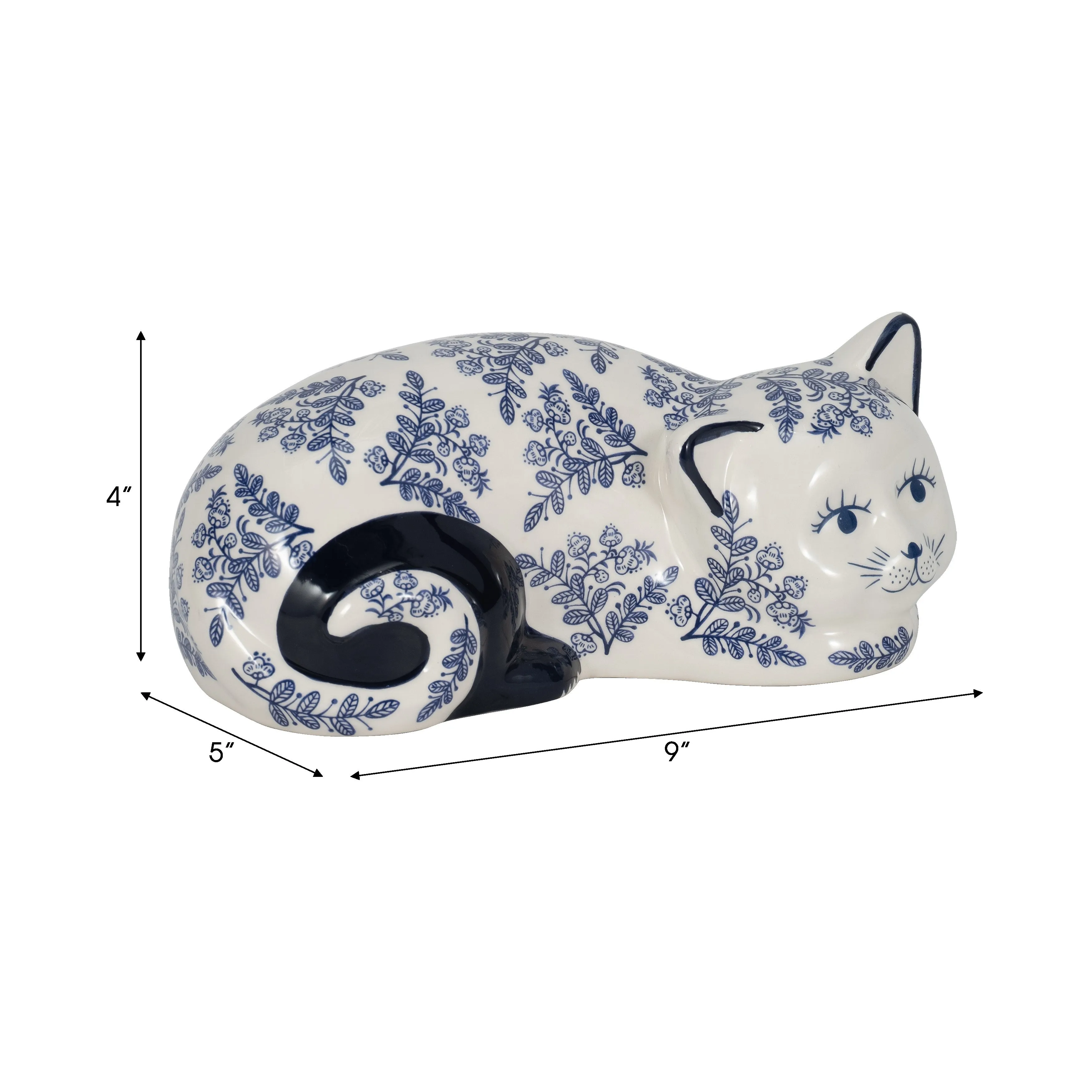 CER, 9" SLEEPING CHINOISERIE CAT, BLUE/WHITE