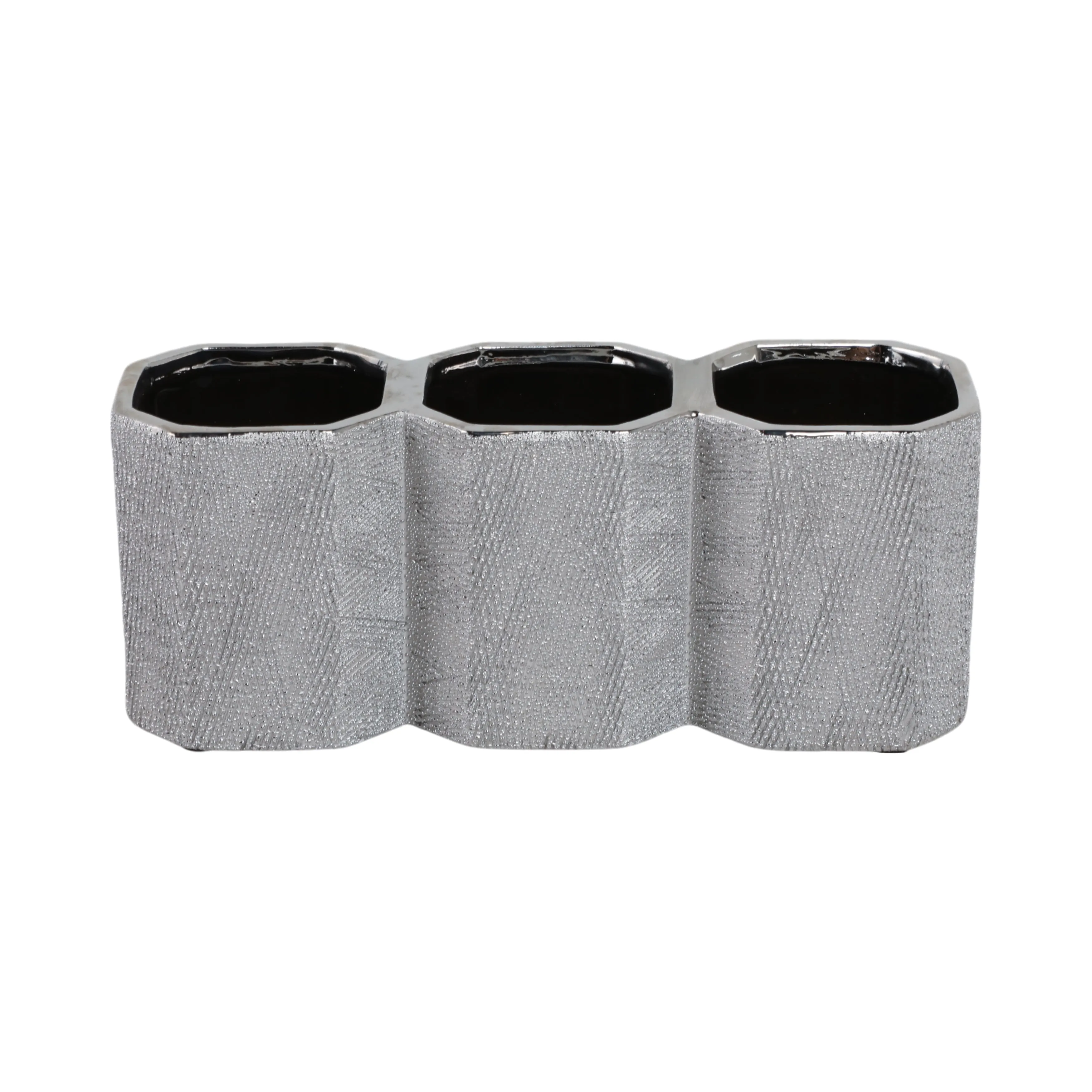 CERAMIC 4" 3-CUP PENCIL HOLDER, SILVER