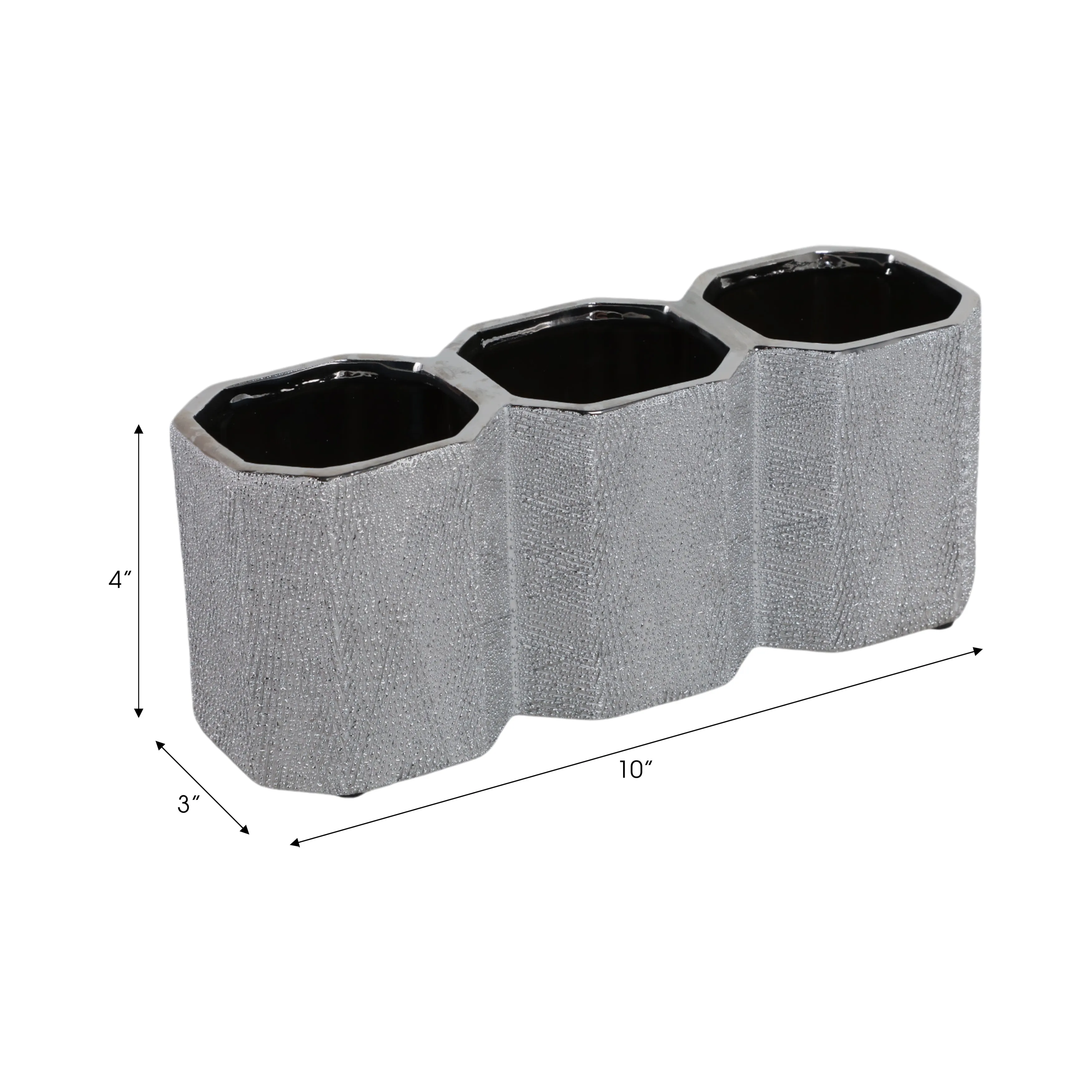 CERAMIC 4" 3-CUP PENCIL HOLDER, SILVER