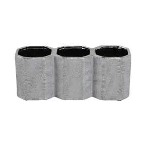 CERAMIC 4" 3-CUP PENCIL HOLDER, SILVER