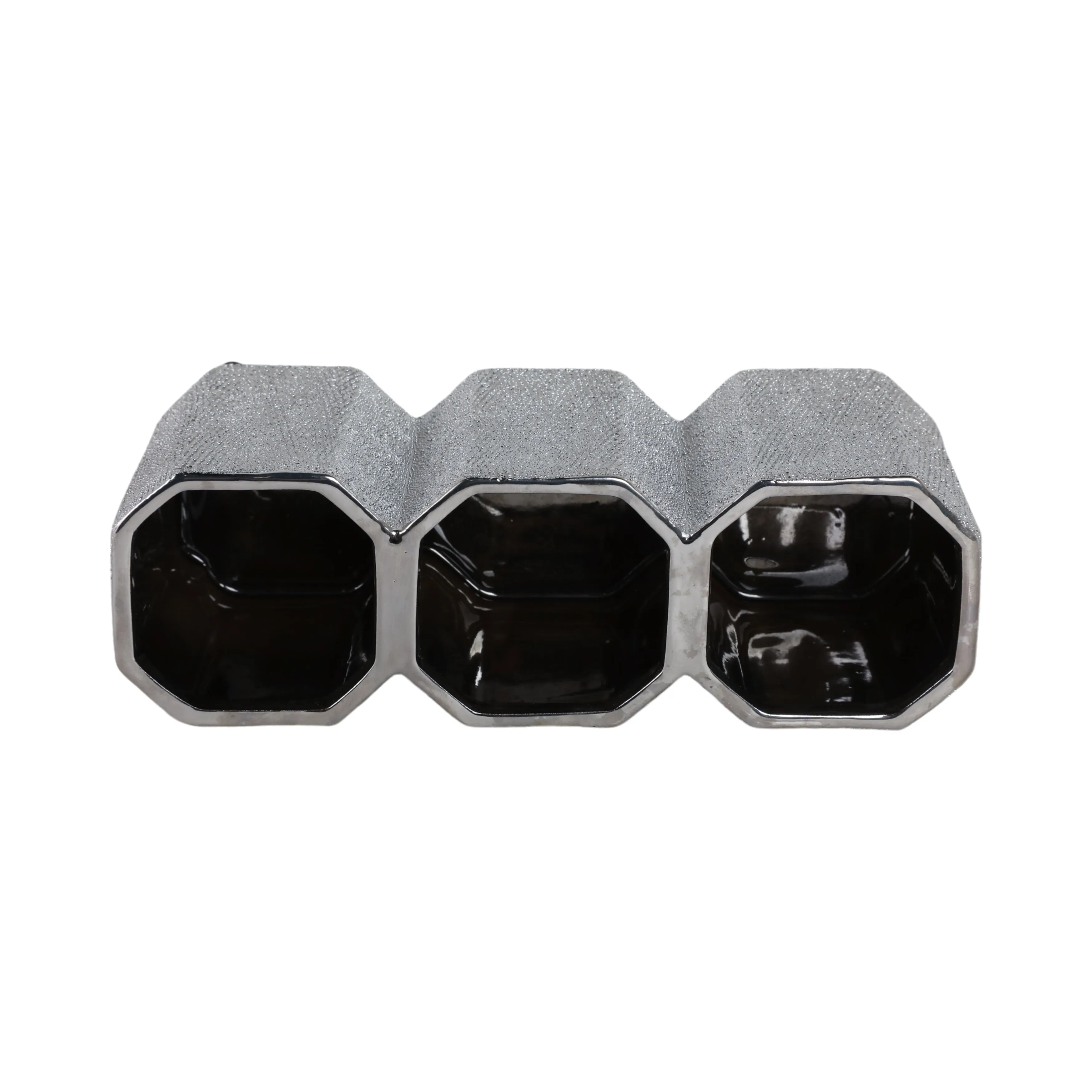 CERAMIC 4" 3-CUP PENCIL HOLDER, SILVER