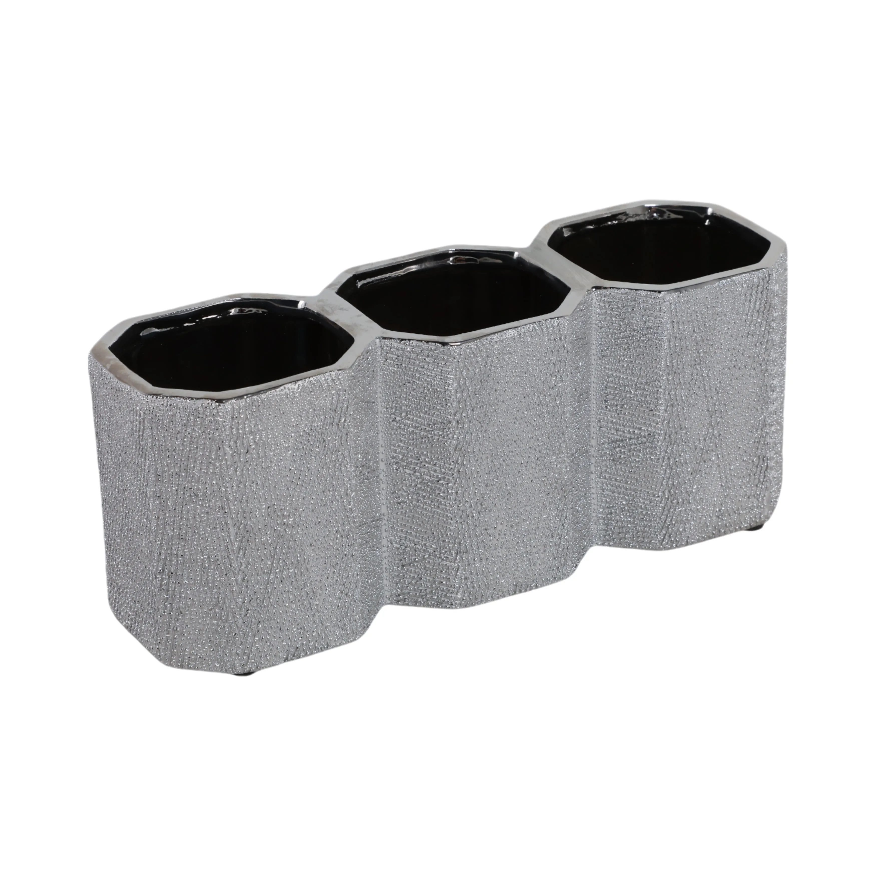 CERAMIC 4" 3-CUP PENCIL HOLDER, SILVER