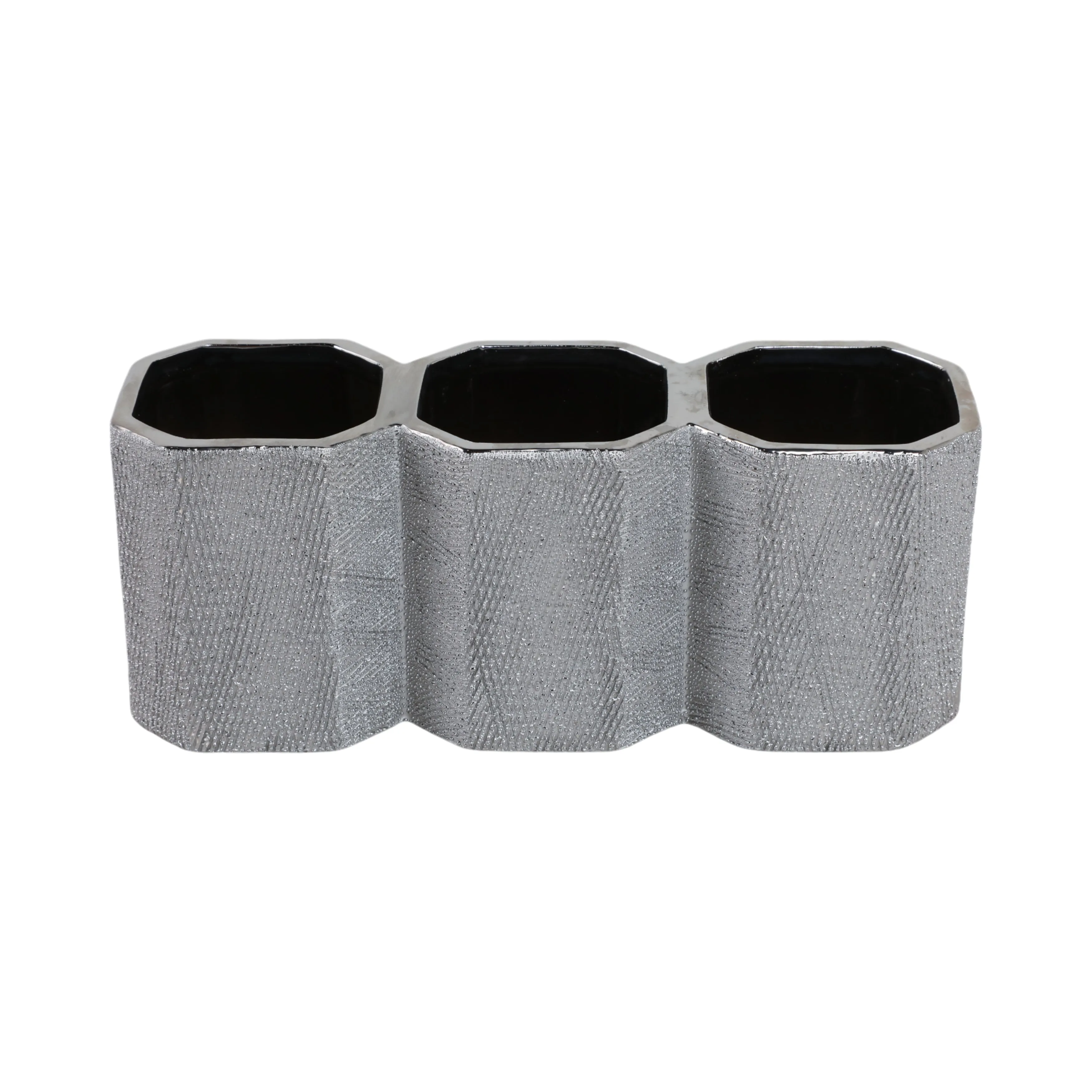 CERAMIC 4" 3-CUP PENCIL HOLDER, SILVER