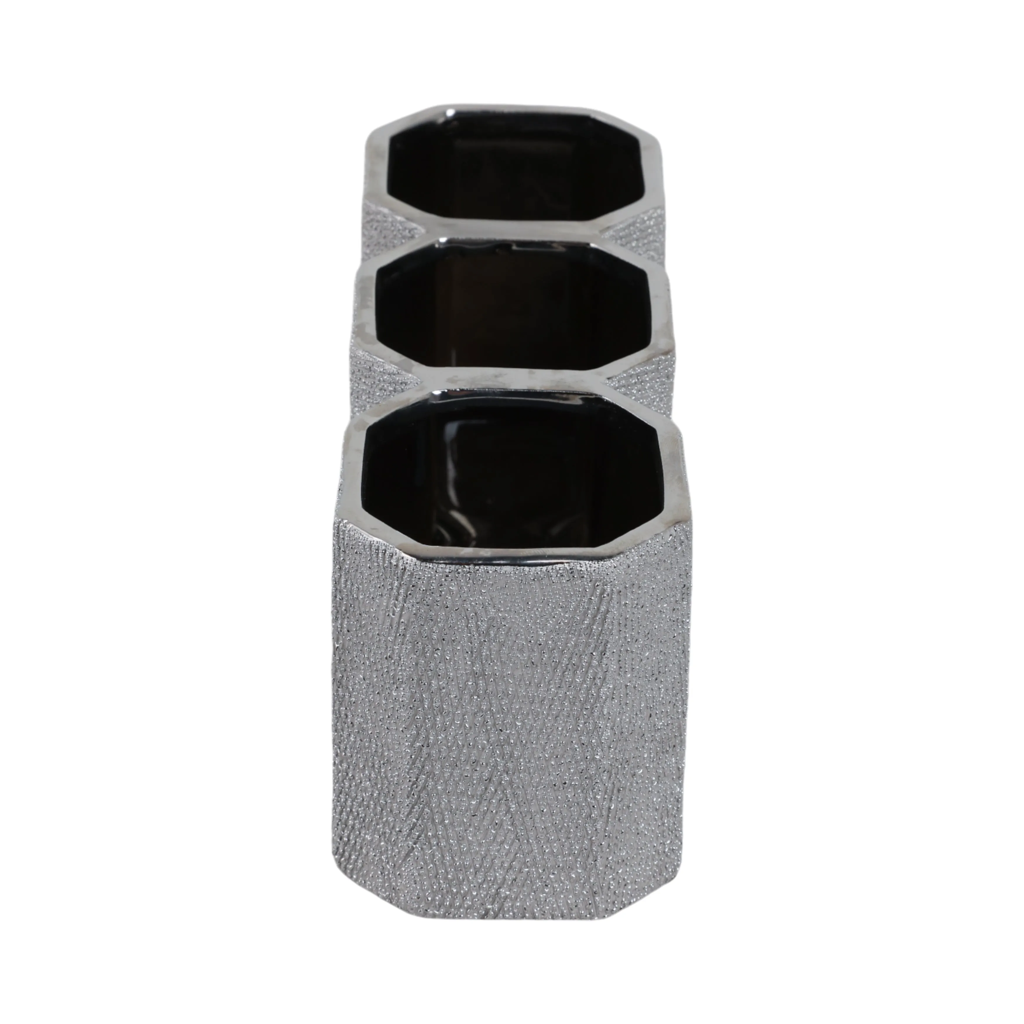 CERAMIC 4" 3-CUP PENCIL HOLDER, SILVER