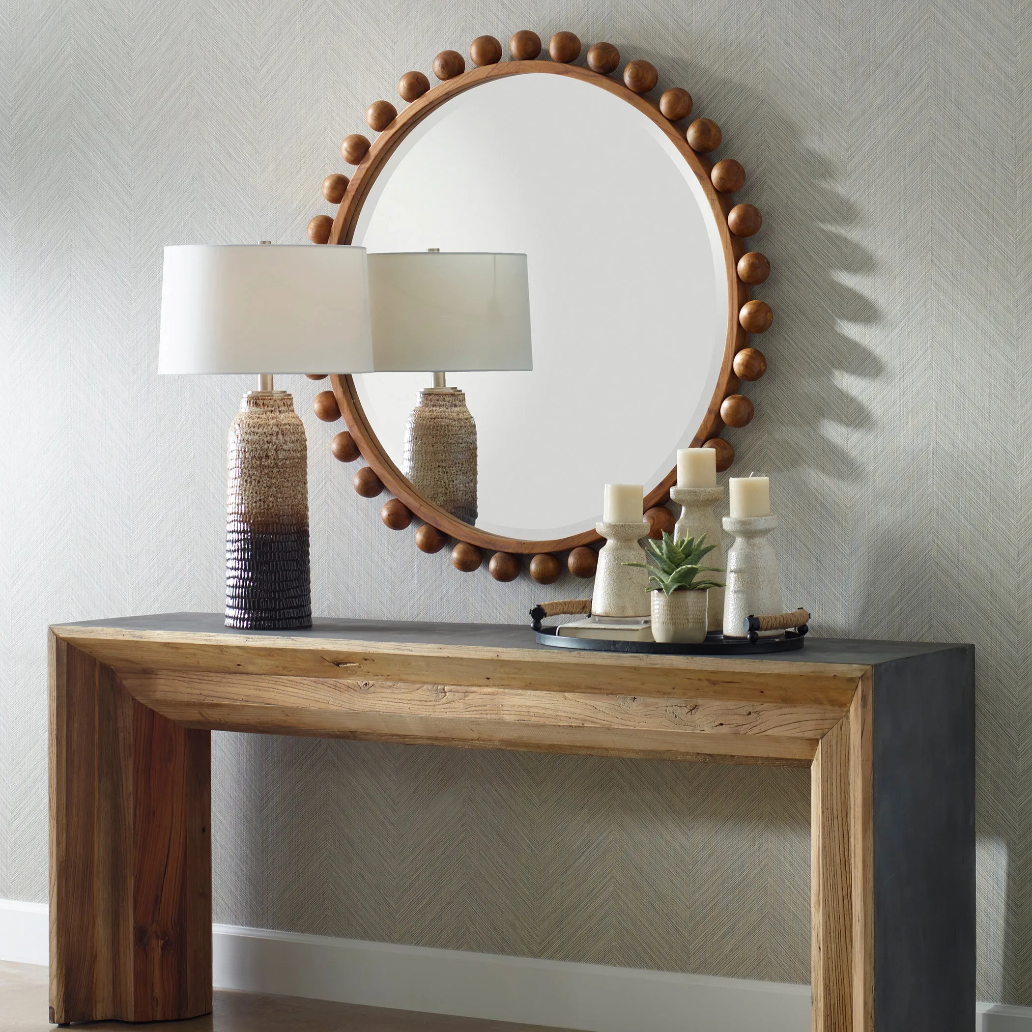 Cyra Wood Round Mirror, Walnut