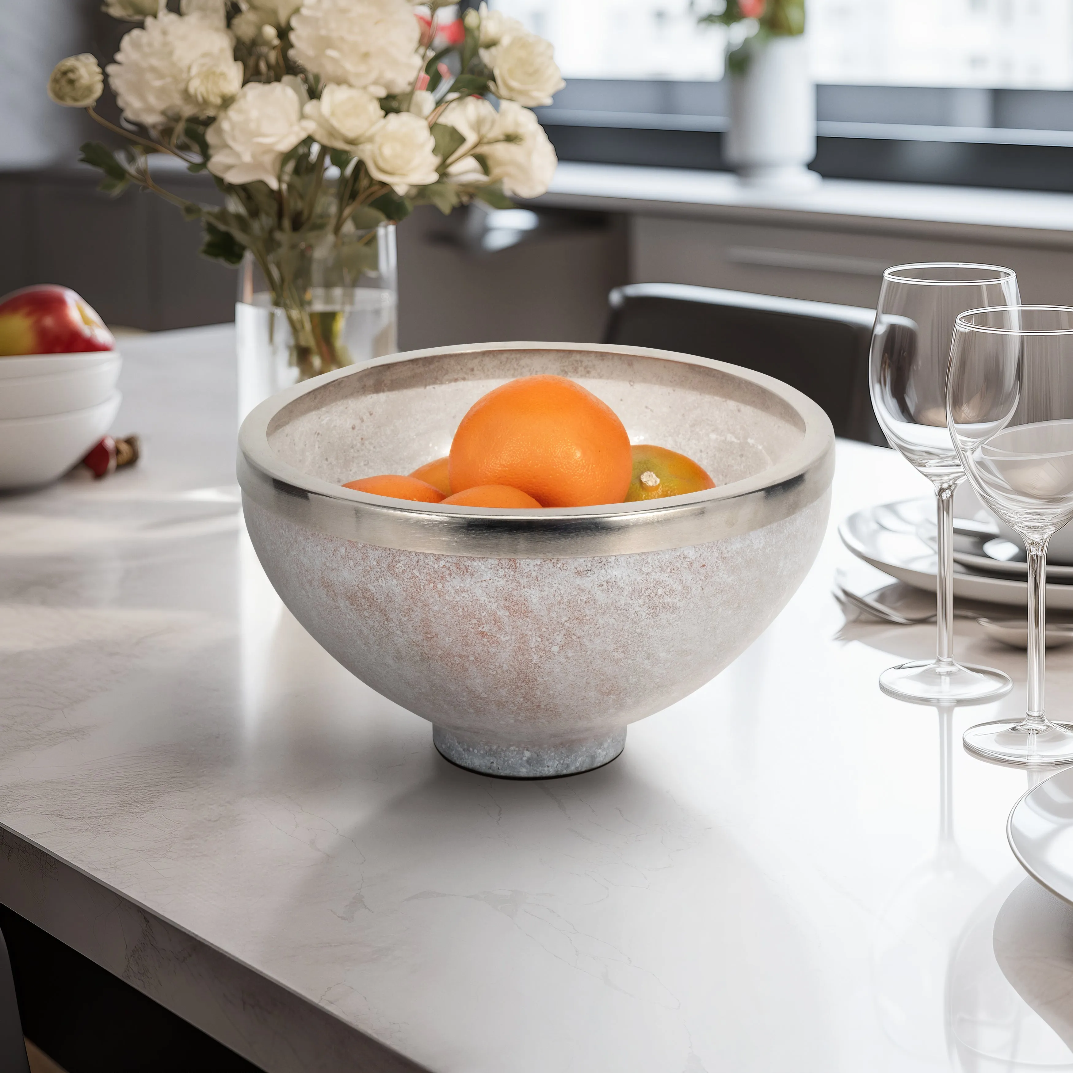 GLASS,10",BOWL W/RING DECO,WHITE