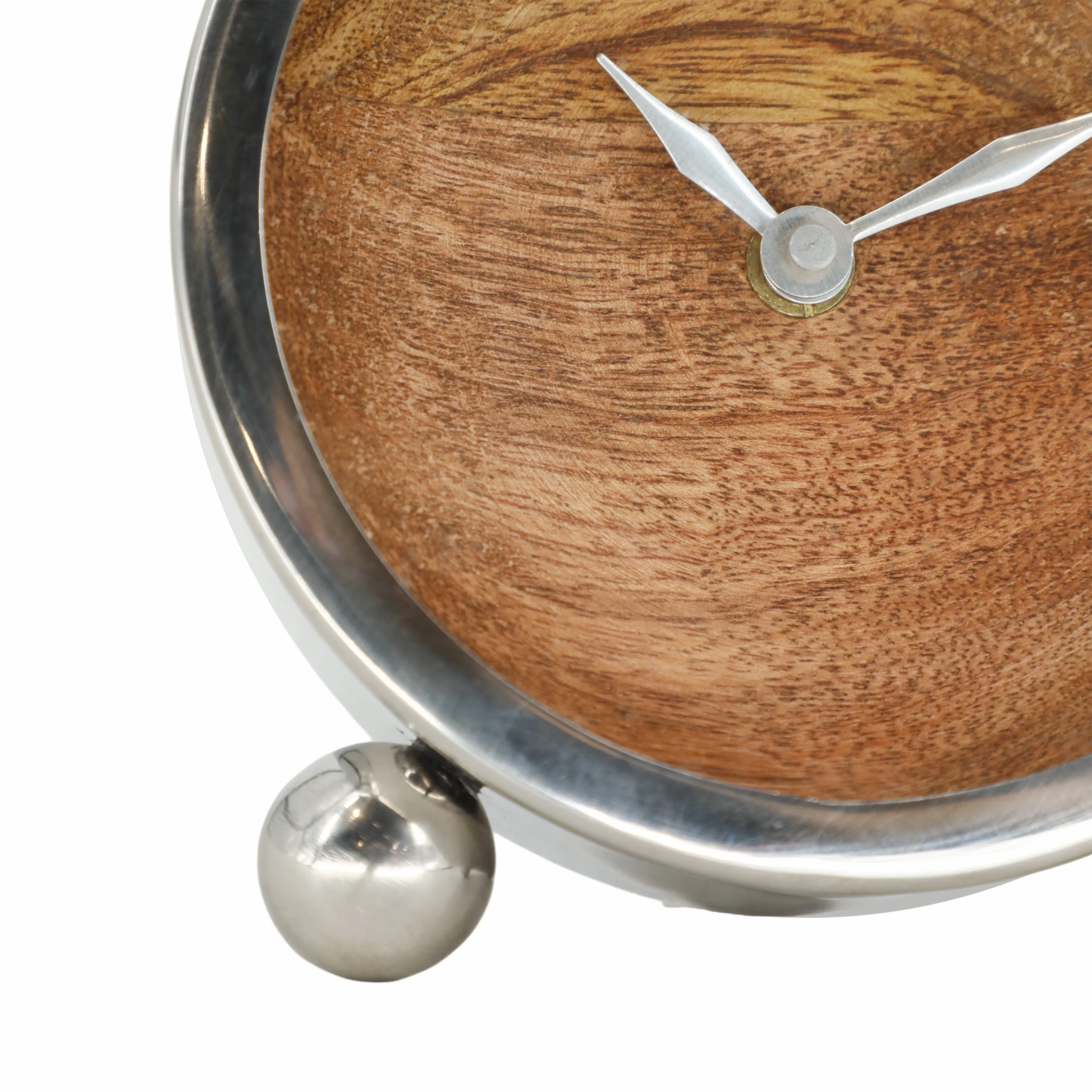 METAL, 5" ROUND WOOD FACE TABLE CLOCK, SILVER
