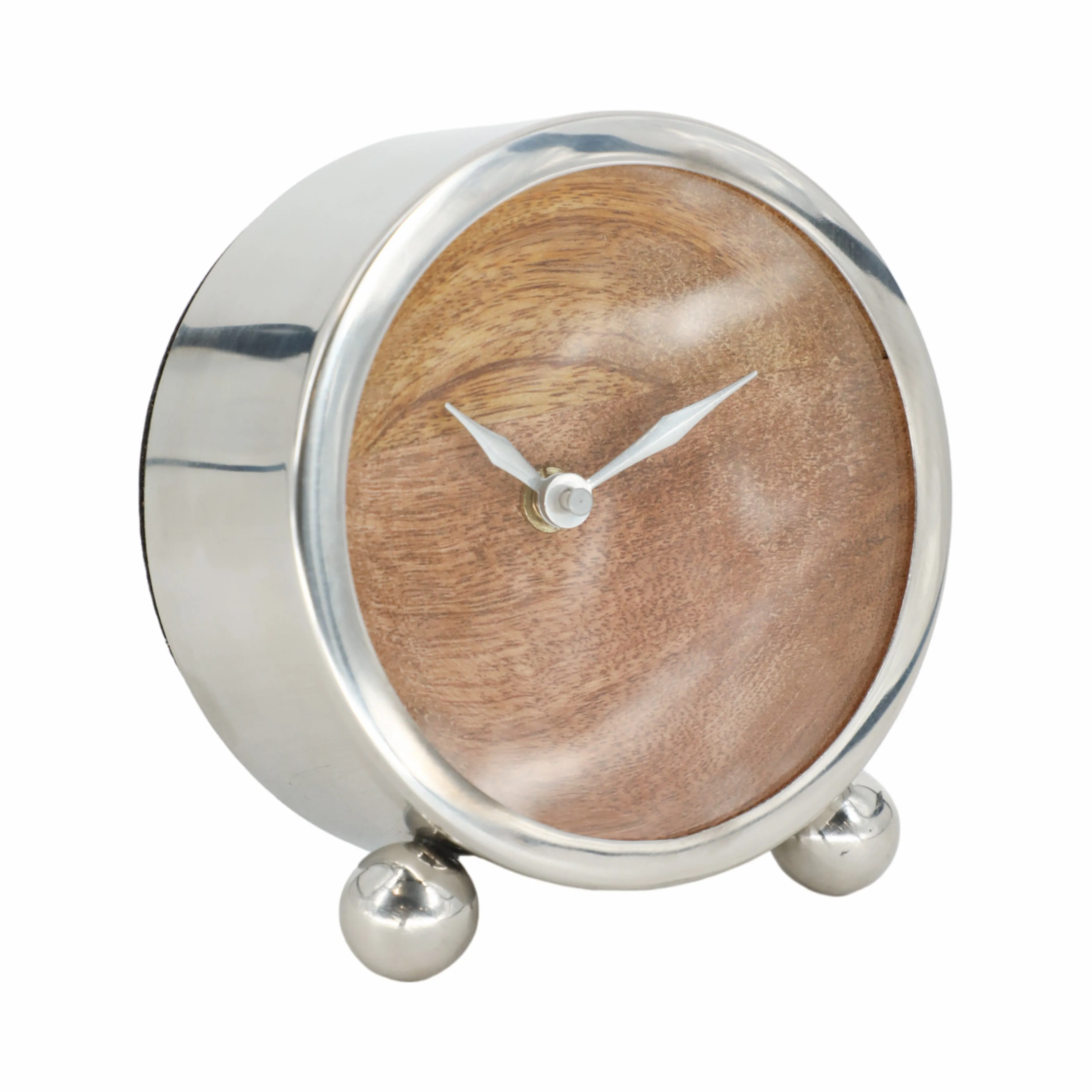 METAL, 5" ROUND WOOD FACE TABLE CLOCK, SILVER