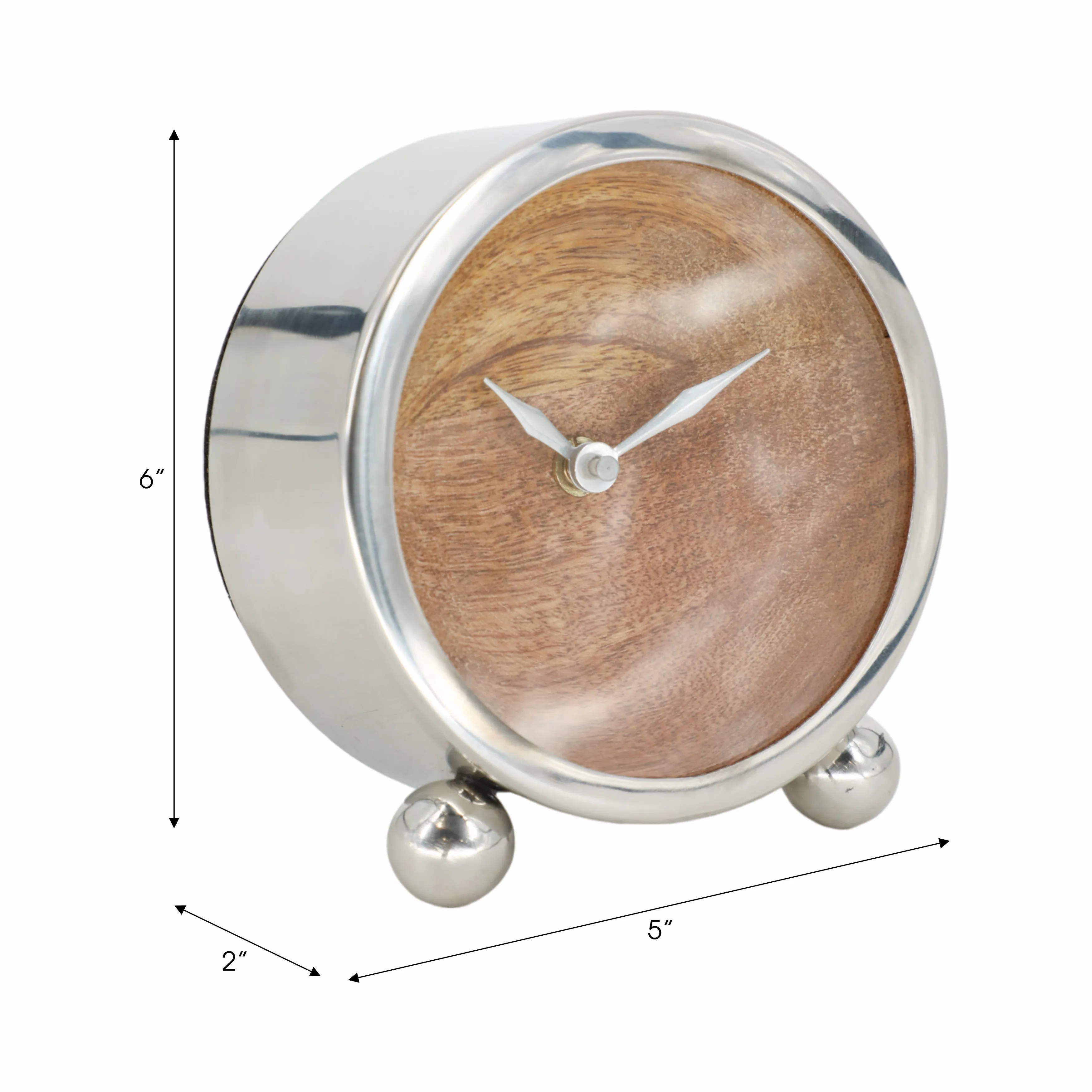 METAL, 5" ROUND WOOD FACE TABLE CLOCK, SILVER