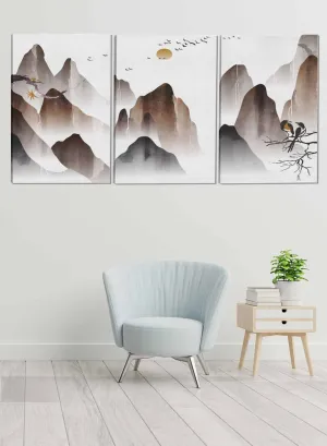 Mountains Birds And The Moon Abstract Paintings(set of 3)