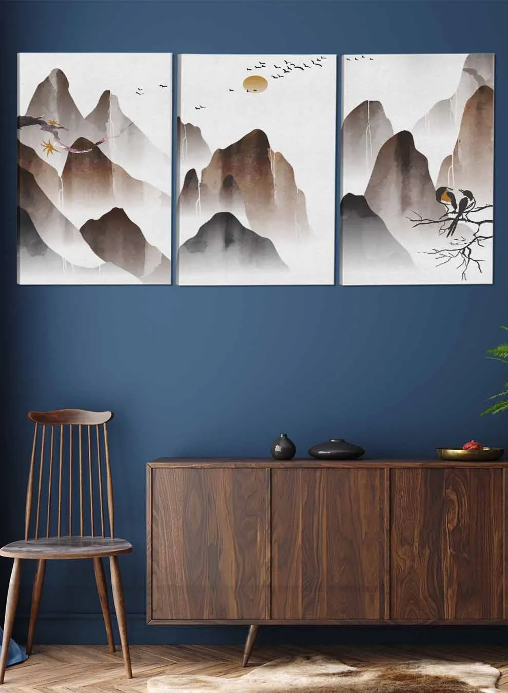 Mountains Birds And The Moon Abstract Paintings(set of 3)