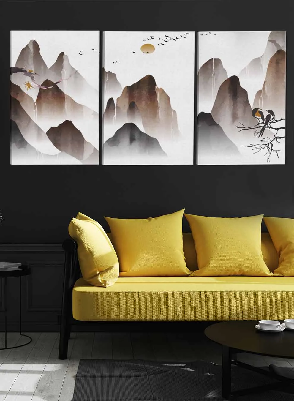 Mountains Birds And The Moon Abstract Paintings(set of 3)